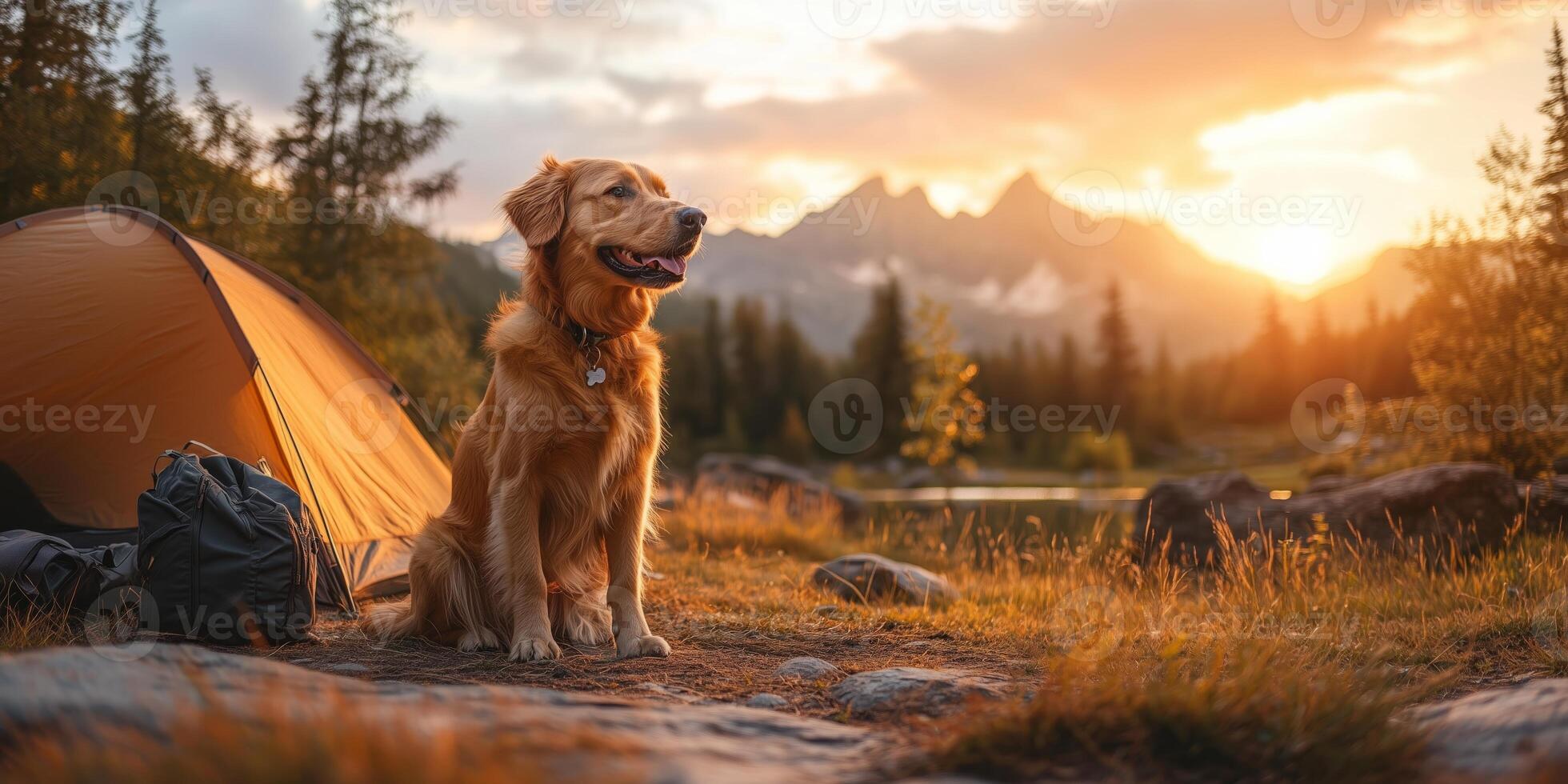 a happy dog sitting by a tent at sunrise, surrounded by camping gear, with a scenic mountain backdrop and copy space on the right, warm golden light photo
