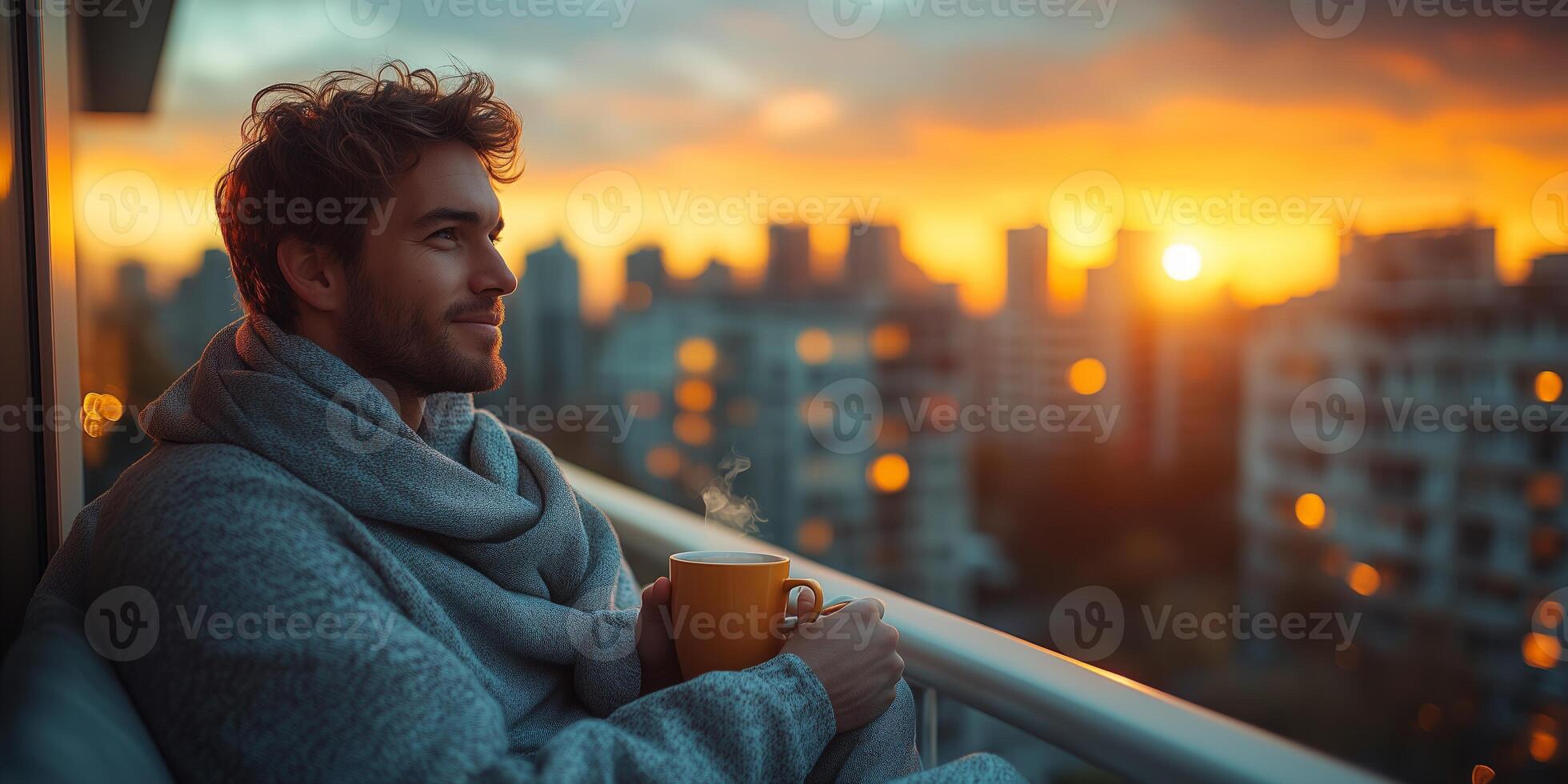 A man relaxes in pajamas with a cup of coffee, soaking in the city view from his balcony photo