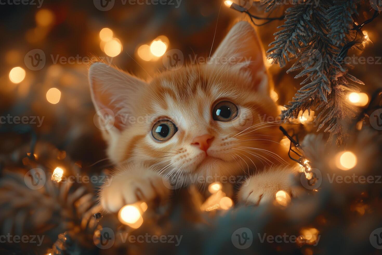 A mischievous kitten climbs the Christmas tree, eyes sparkling with curiosity photo