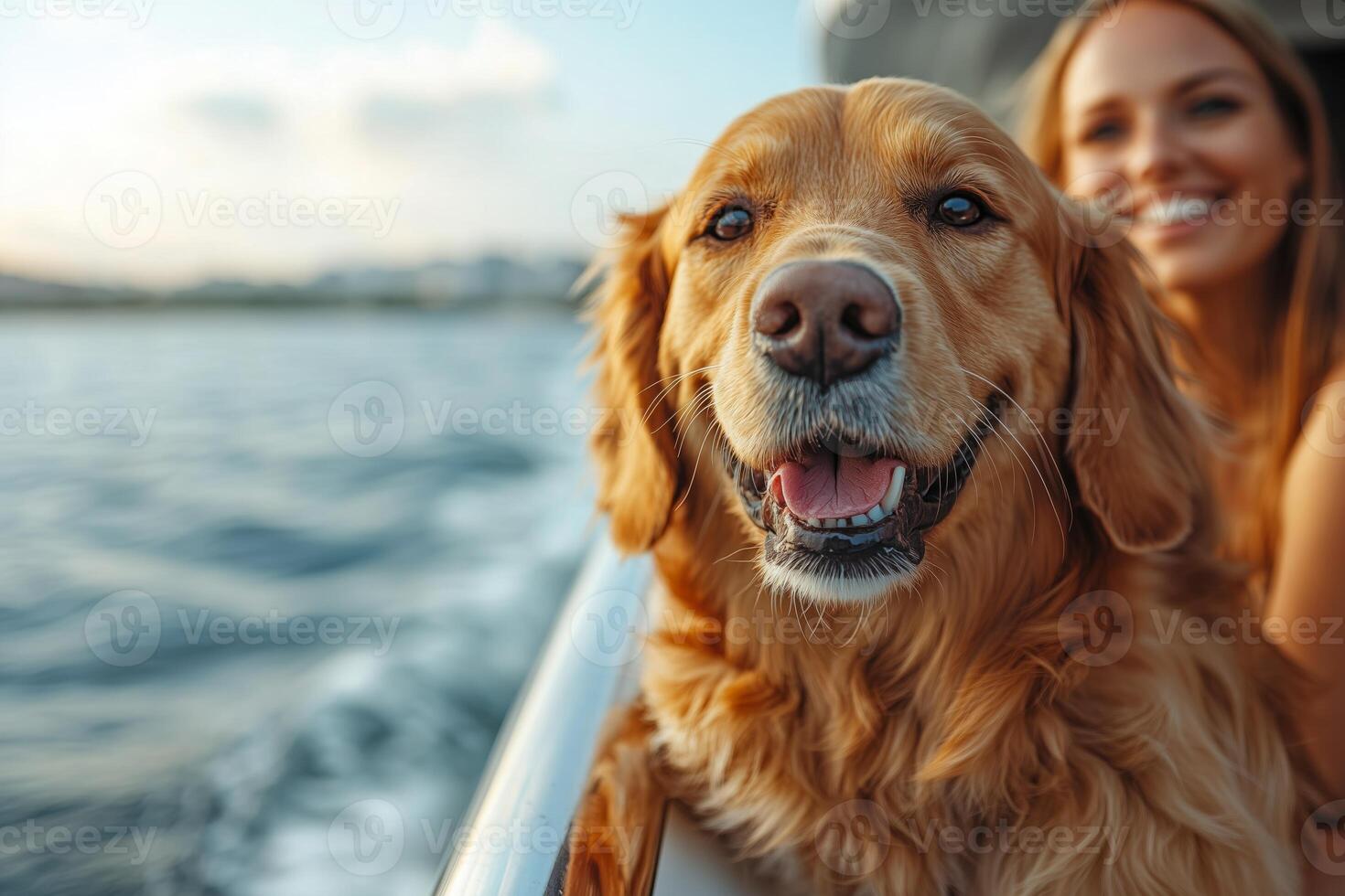 a family with their dog on the deck of a yacht, the dog leaning over the railing, bright sunny day with calm waves in the background photo