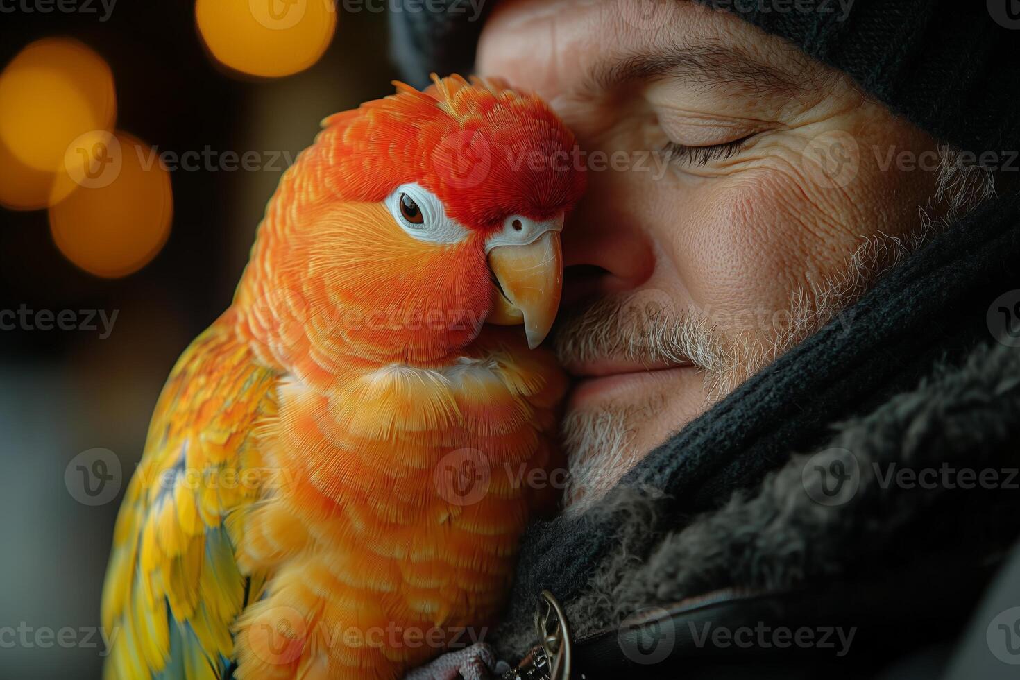 A man enjoys a tranquil moment with his parrot on his shoulder, radiating bliss photo