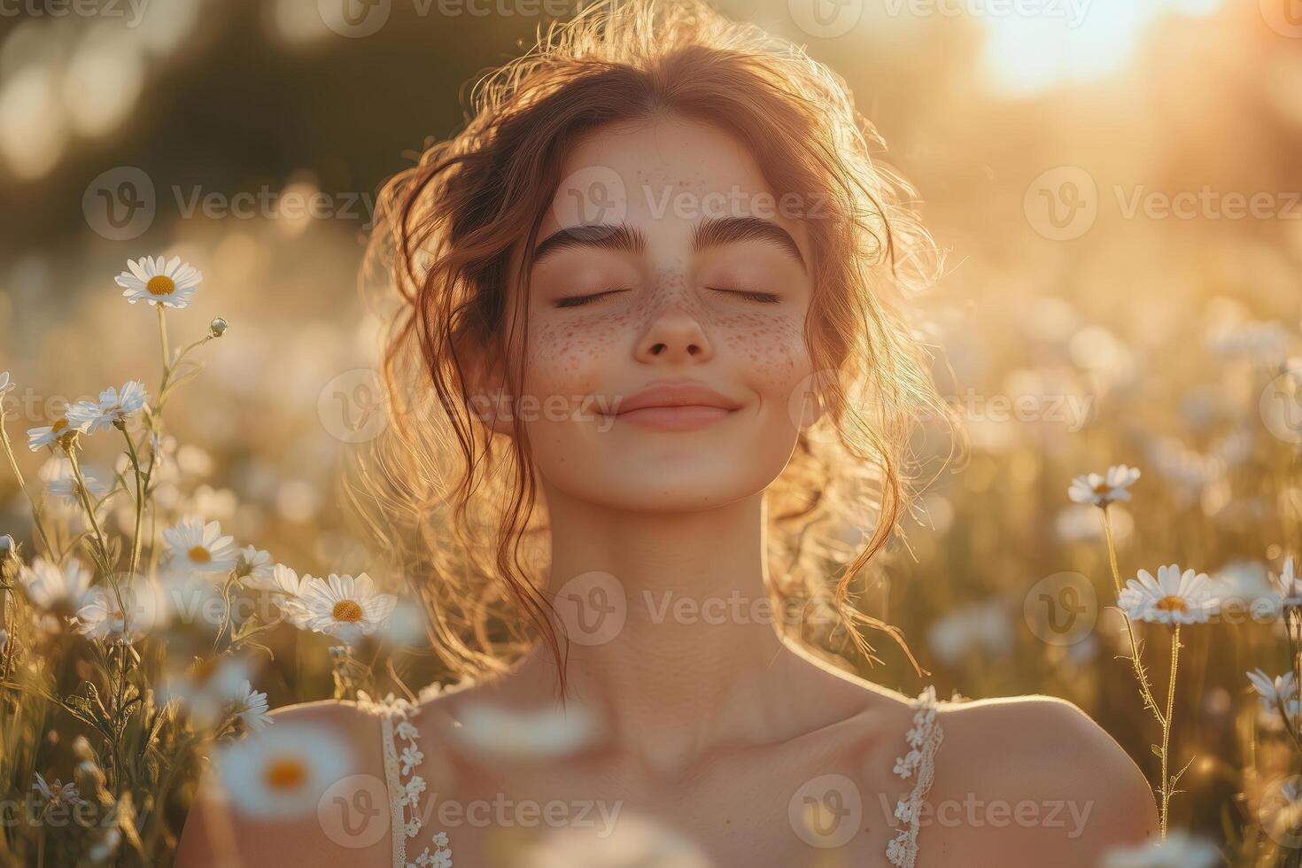 A woman smiles, eyes closed, as the sun blooms in the background, radiating warmth photo
