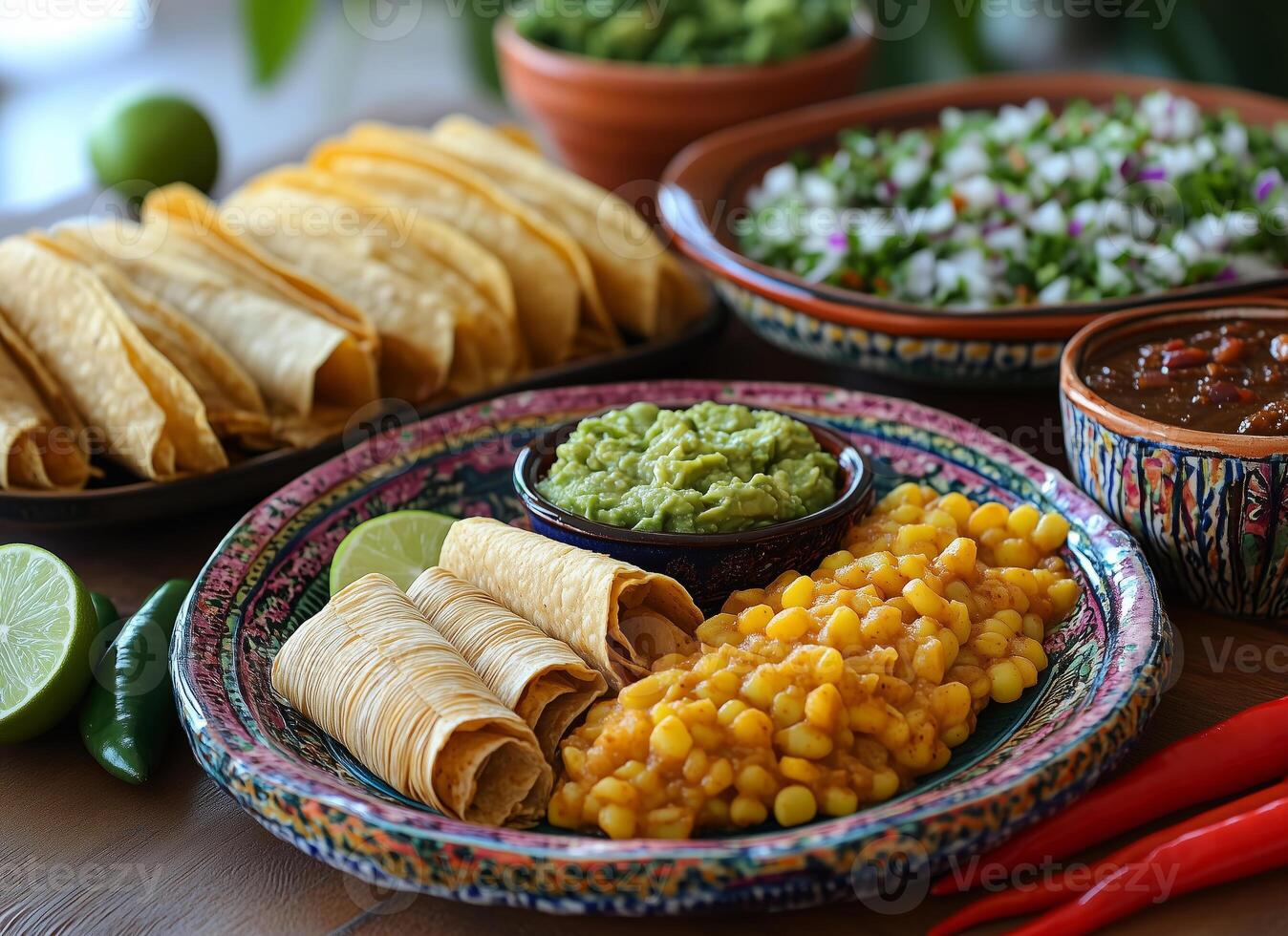 a traditional Mexican meal, with tacos, tamales, guacamole, and mole sauce, arranged on vibrant ceramic plates photo