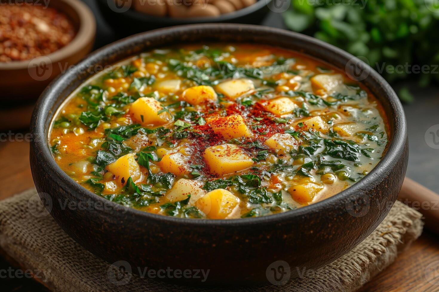 a Nigerian dish of egusi soup with pounded yam, featuring vibrant greens and spiced melon seeds, served in a traditional clay bowl photo