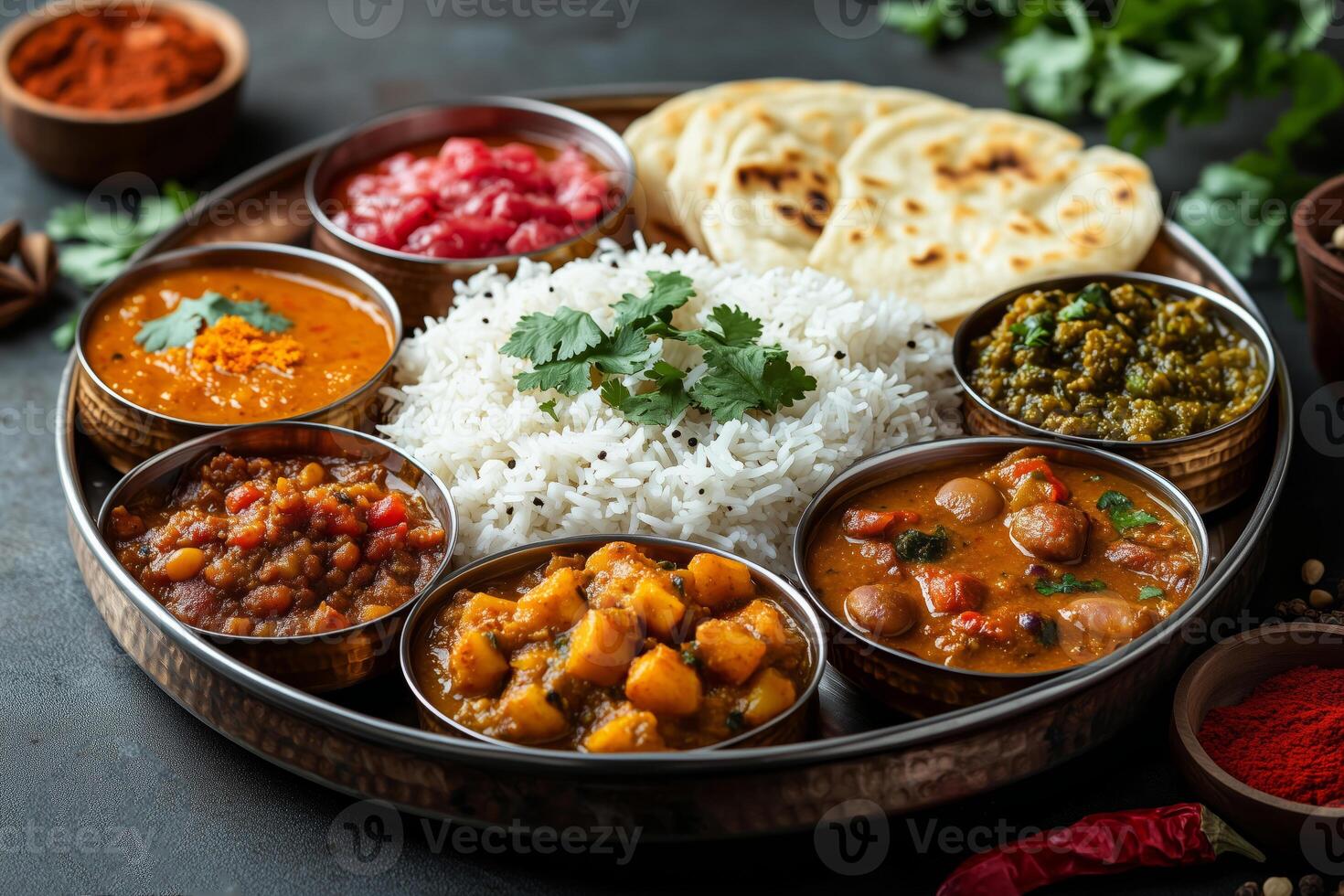 an Indian thali, with a variety of colorful curries, dal, rice, roti, and pickles, served on a traditional metal platter, surrounded by spices and herbs photo
