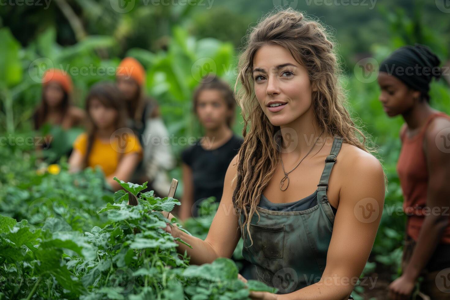 a woman teaching a group of younger farmers sustainable farming practices, demonstrating with tools and seeds, with crops and trees surrounding the group, soft natural lighting photo