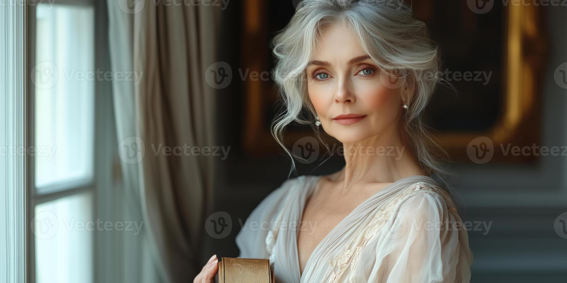 an older woman in an elegant evening gown, holding a clutch, standing near a window in a luxury interior, blank space on the right for text, soft diffused lighting photo