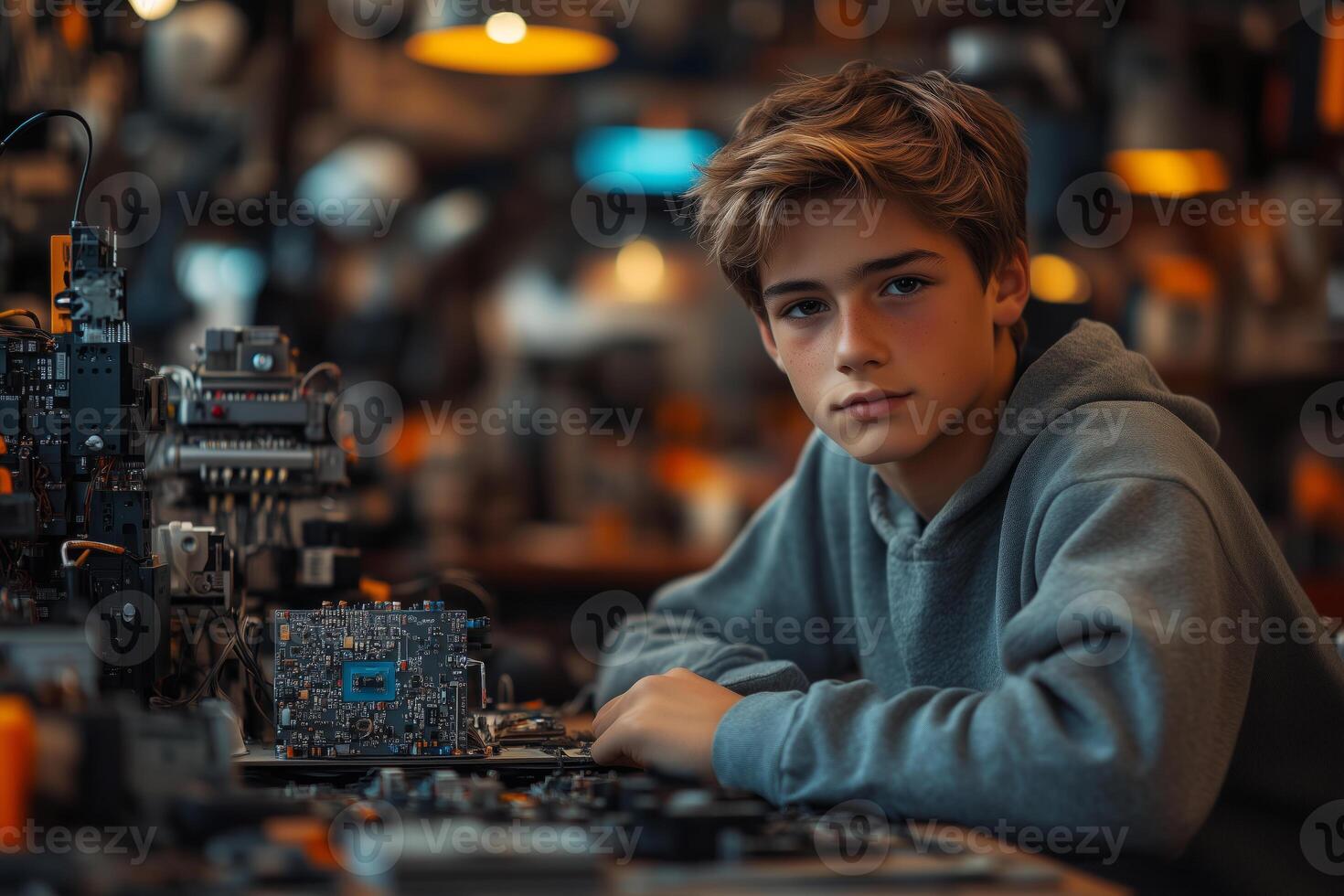 a teenage boy assembling a prototype of his invention in a workshop, surrounded by tools, electronics, and 3D-printed parts photo