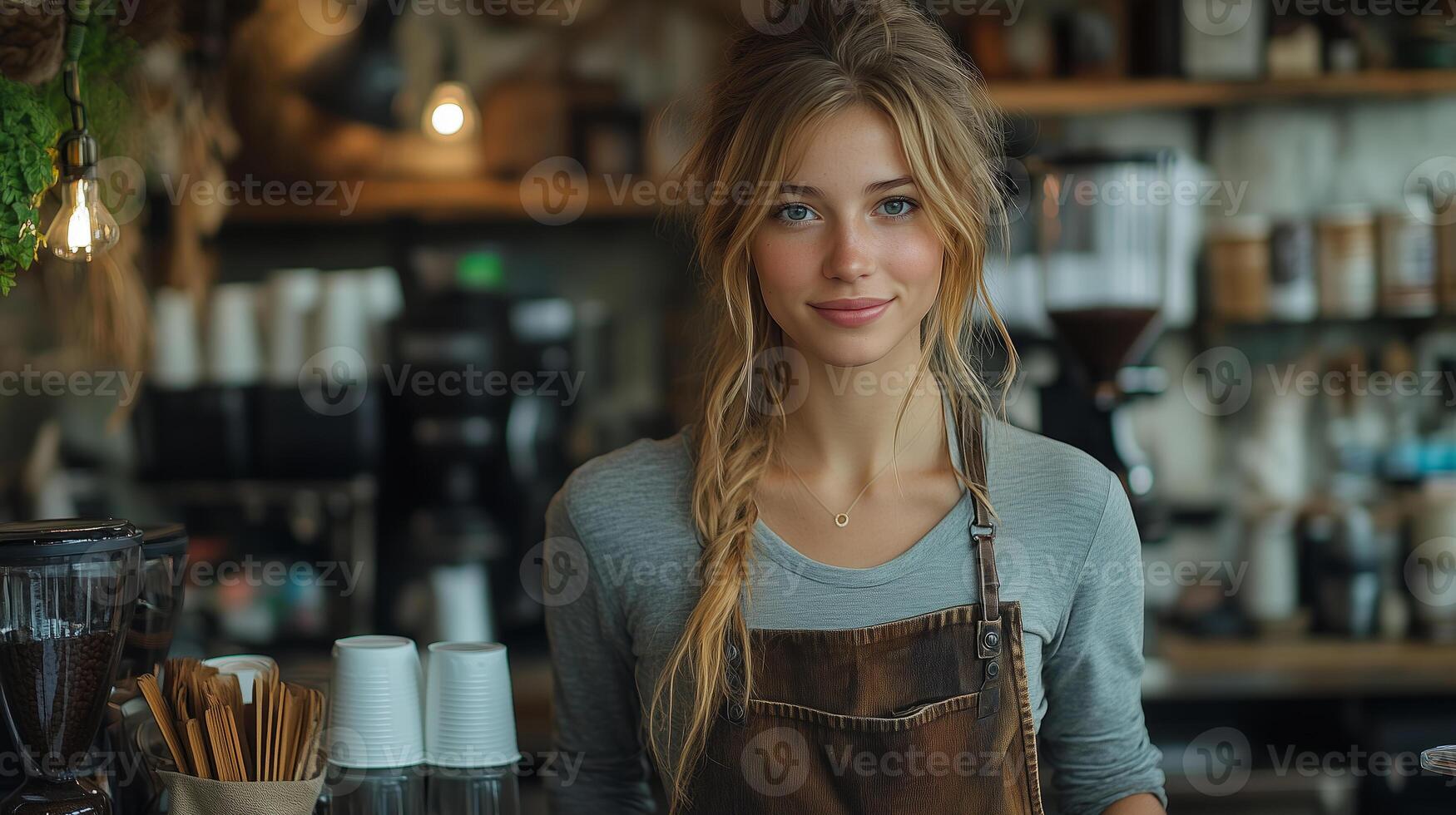 a woman managing a small coffee shop in a rural community, standing behind the counter with a tray of coffee cups photo