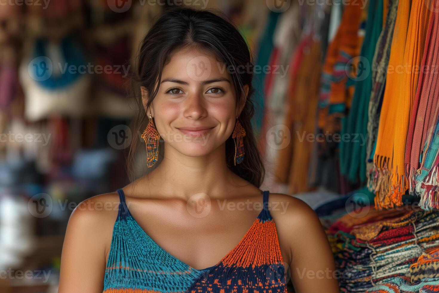 a female entrepreneur in a rural marketplace, showcasing locally made crafts to customers, standing proudly behind a stall filled with colorful products photo