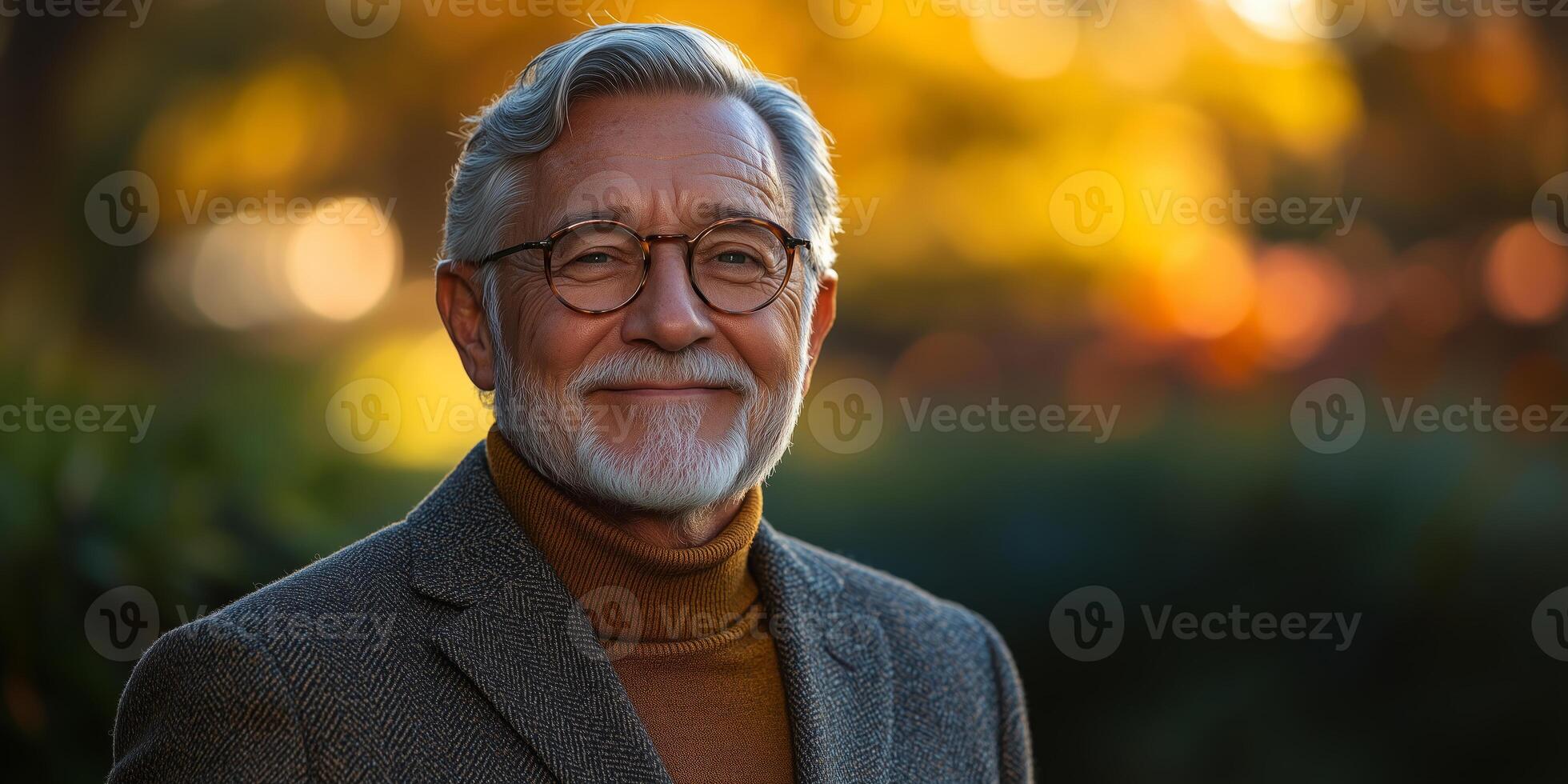 a senior man in a tailored blazer and turtleneck, smiling confidently outdoors, lush park background with copy space on the right photo