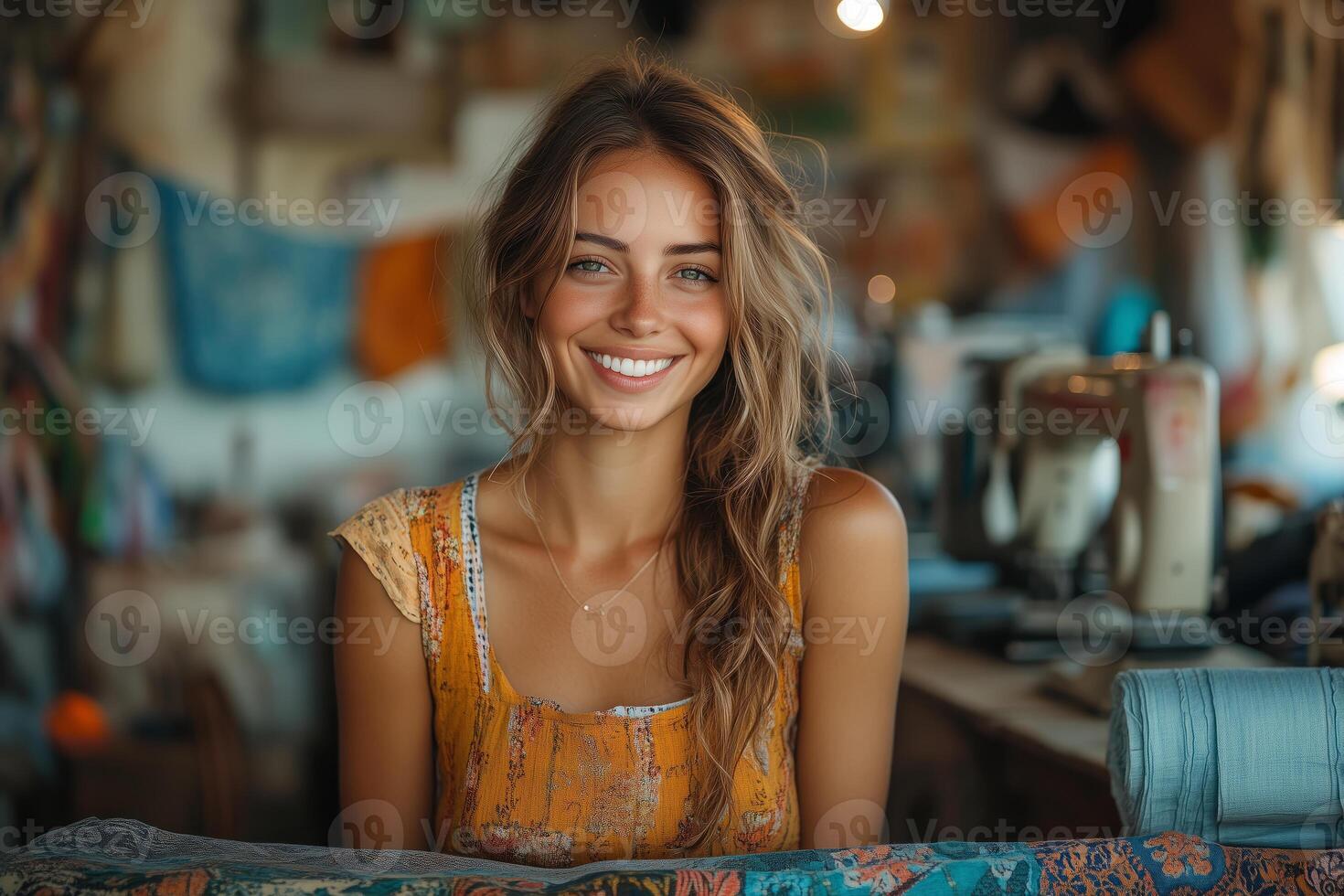 a female tailor in her small sewing workshop, smiling as she measures fabric on a table photo