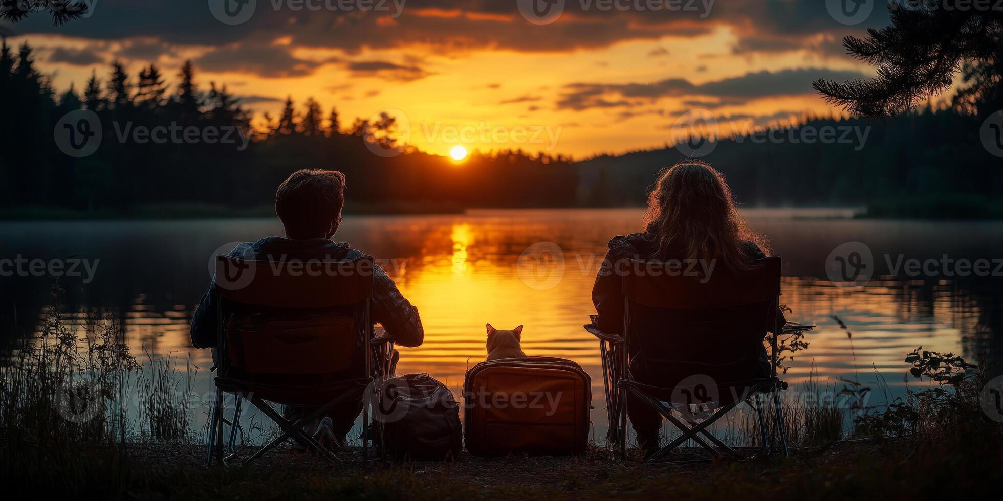 a couple sitting on camping chairs with their cat in a pet carrier beside them, enjoying the sunset by a lake, blank right side for text, soft evening light photo