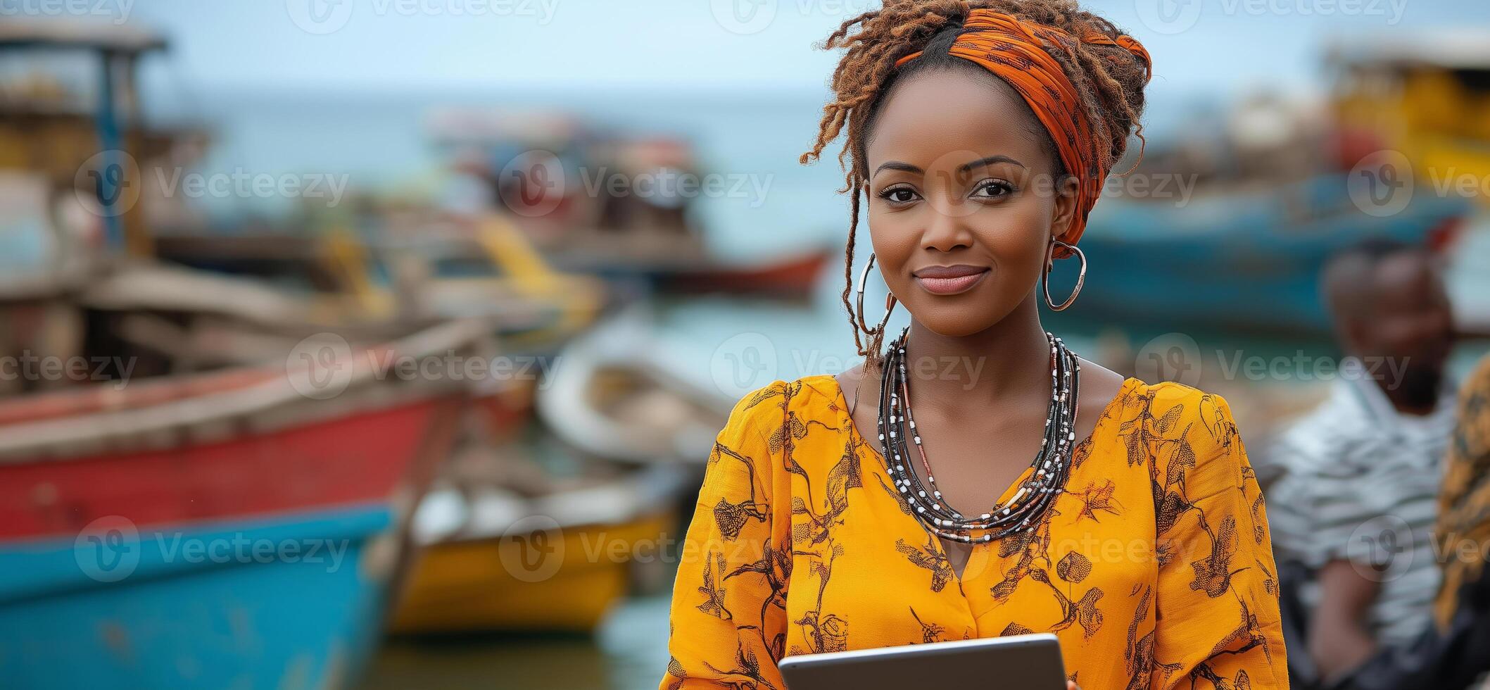 a woman managing a small fisheries cooperative, holding a tablet and discussing logistics with others beside boats photo