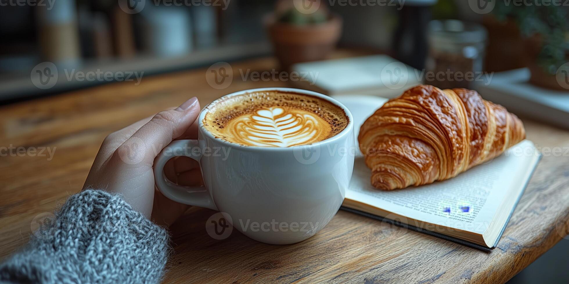 A cheerful morning scene with a coffee cup, a croissant, and a book held by a relaxed hand photo