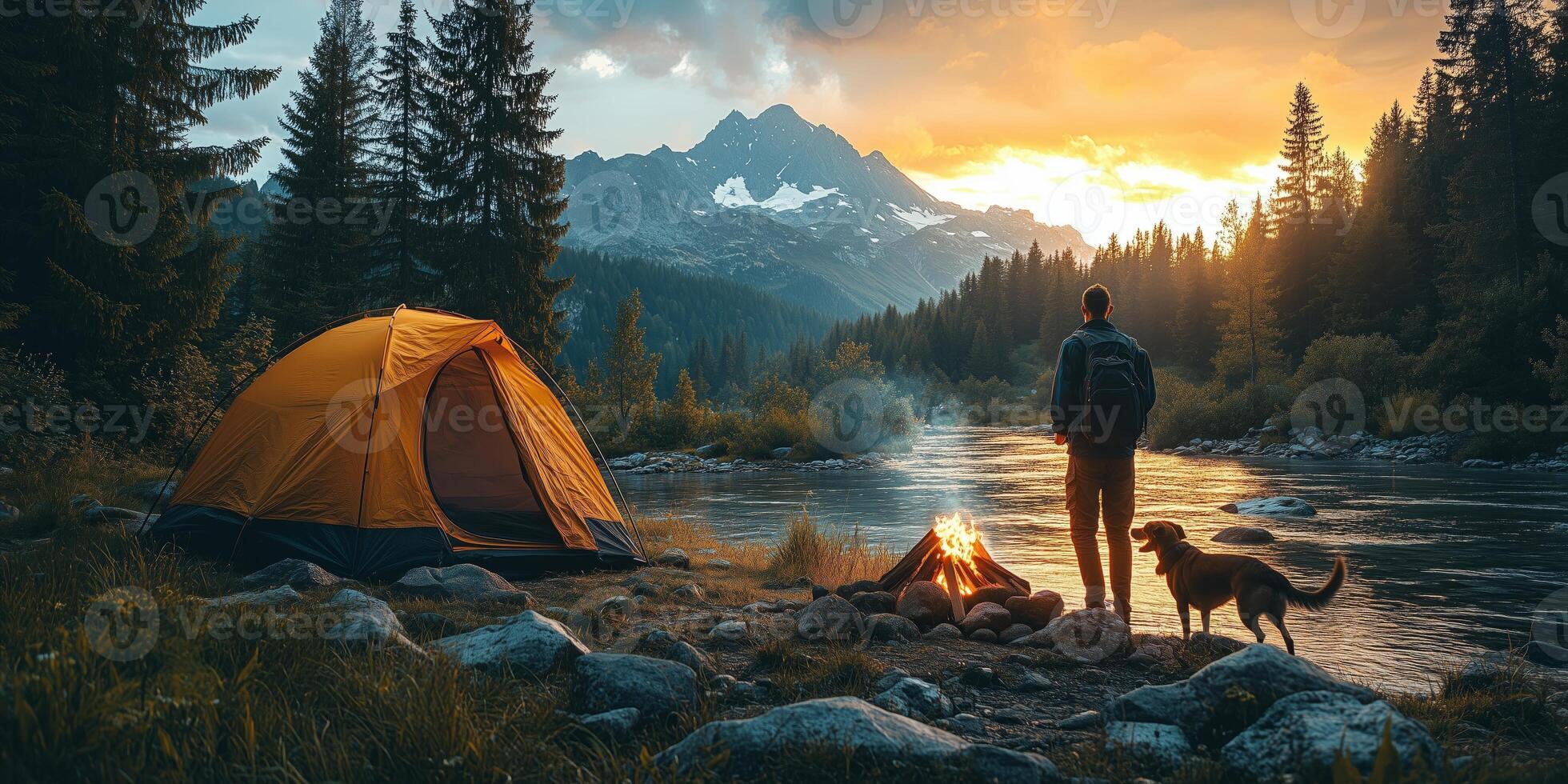 A man and his dog play fetch by a campfire, surrounded by the beauty of the mountain and nature photo