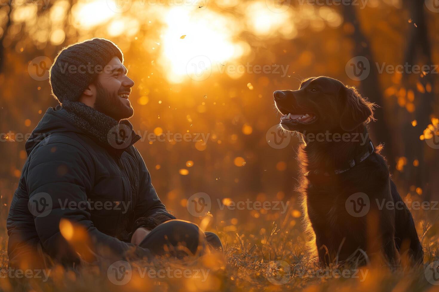 A man and his dog share a joyful moment in the field, bathed in sunlight photo