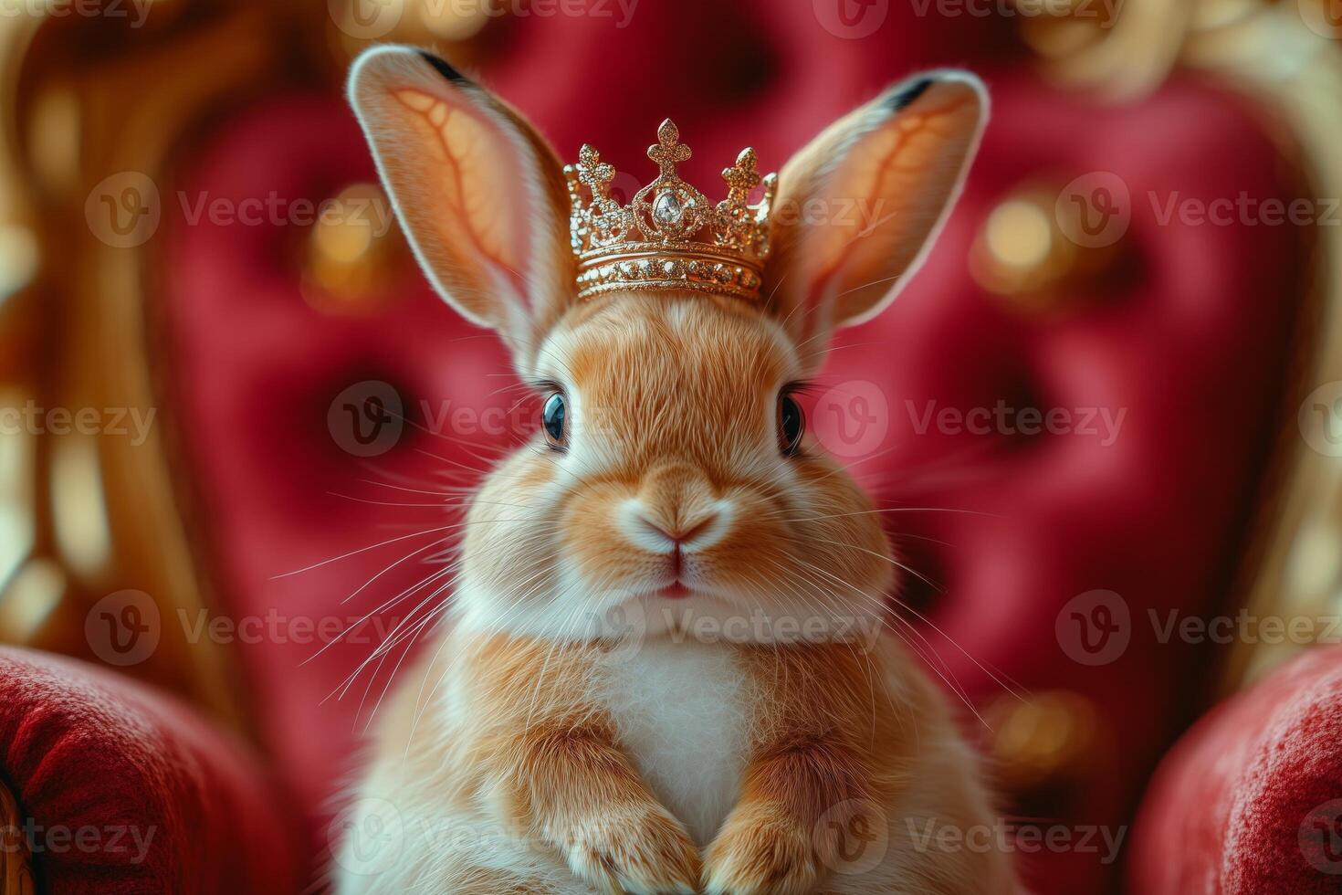a rabbit wearing a tiny crown, sitting regally on a miniature throne, playful royal-themed setup with soft studio lighting photo