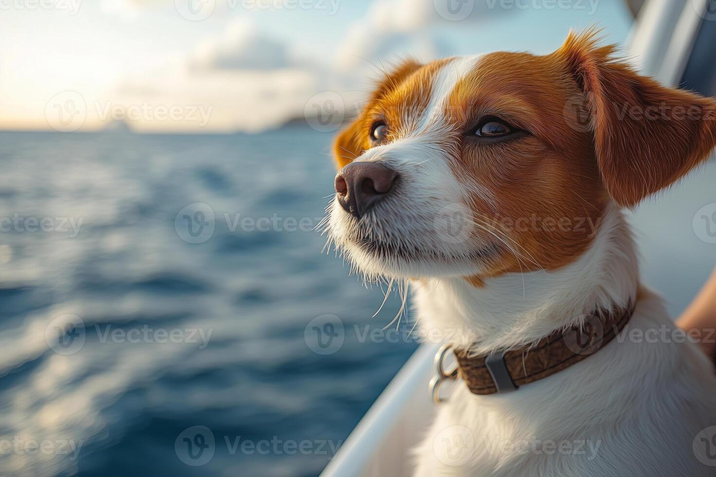 The dog, content and elated, enjoys the warmth of the sun on the yachts deck photo