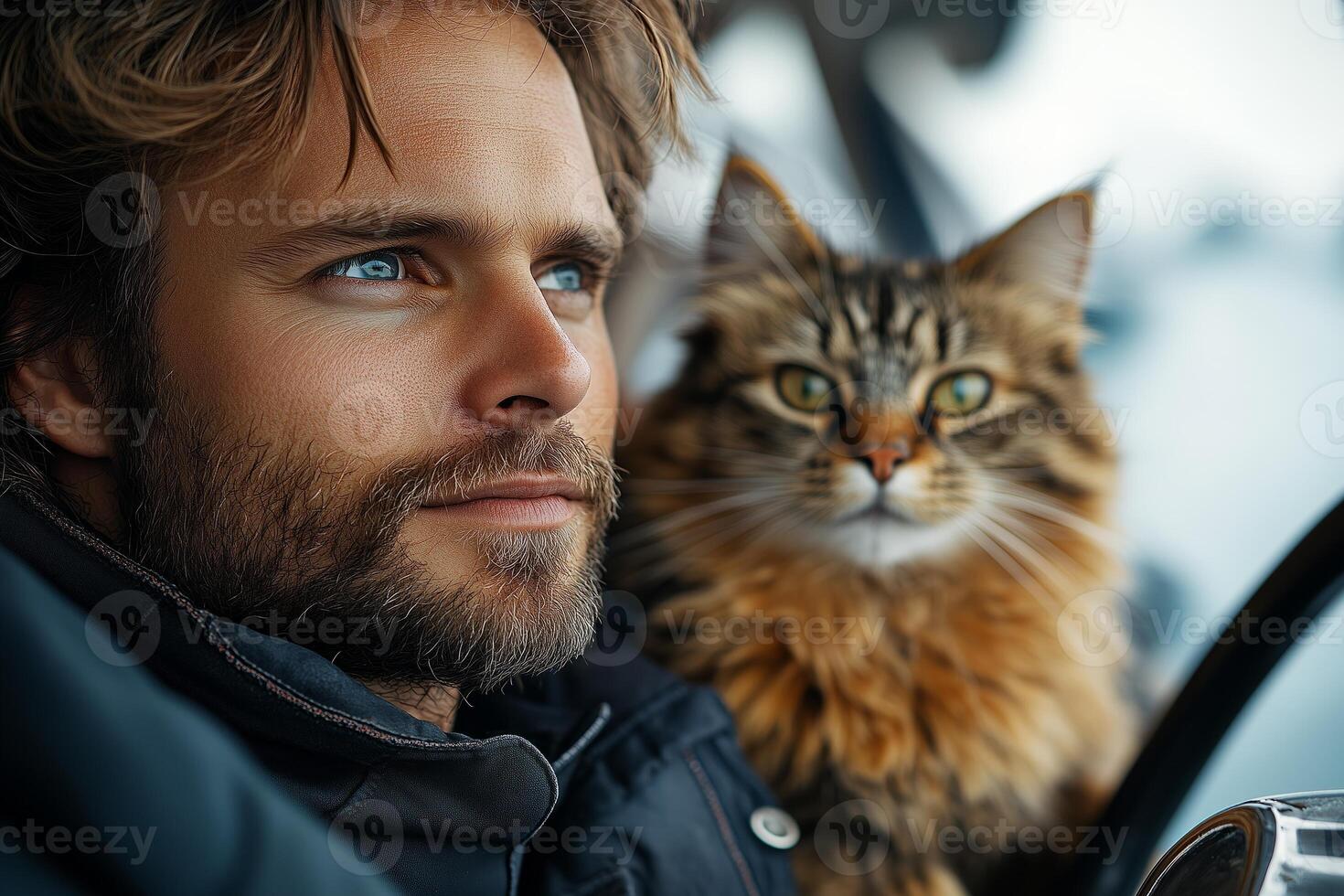 A domestic cat with a playful expression sits by the yachts steering wheel photo