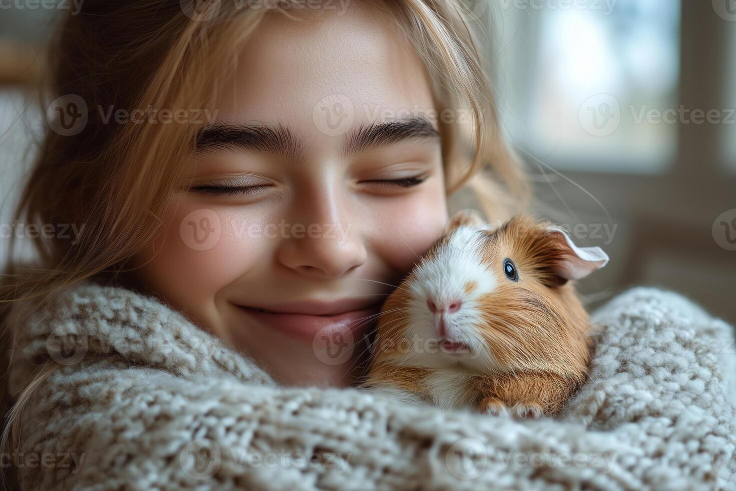 a teenager holding a guinea pig close to their chest, smiling, sitting in a bright, tidy bedroom, natural light from a large window photo