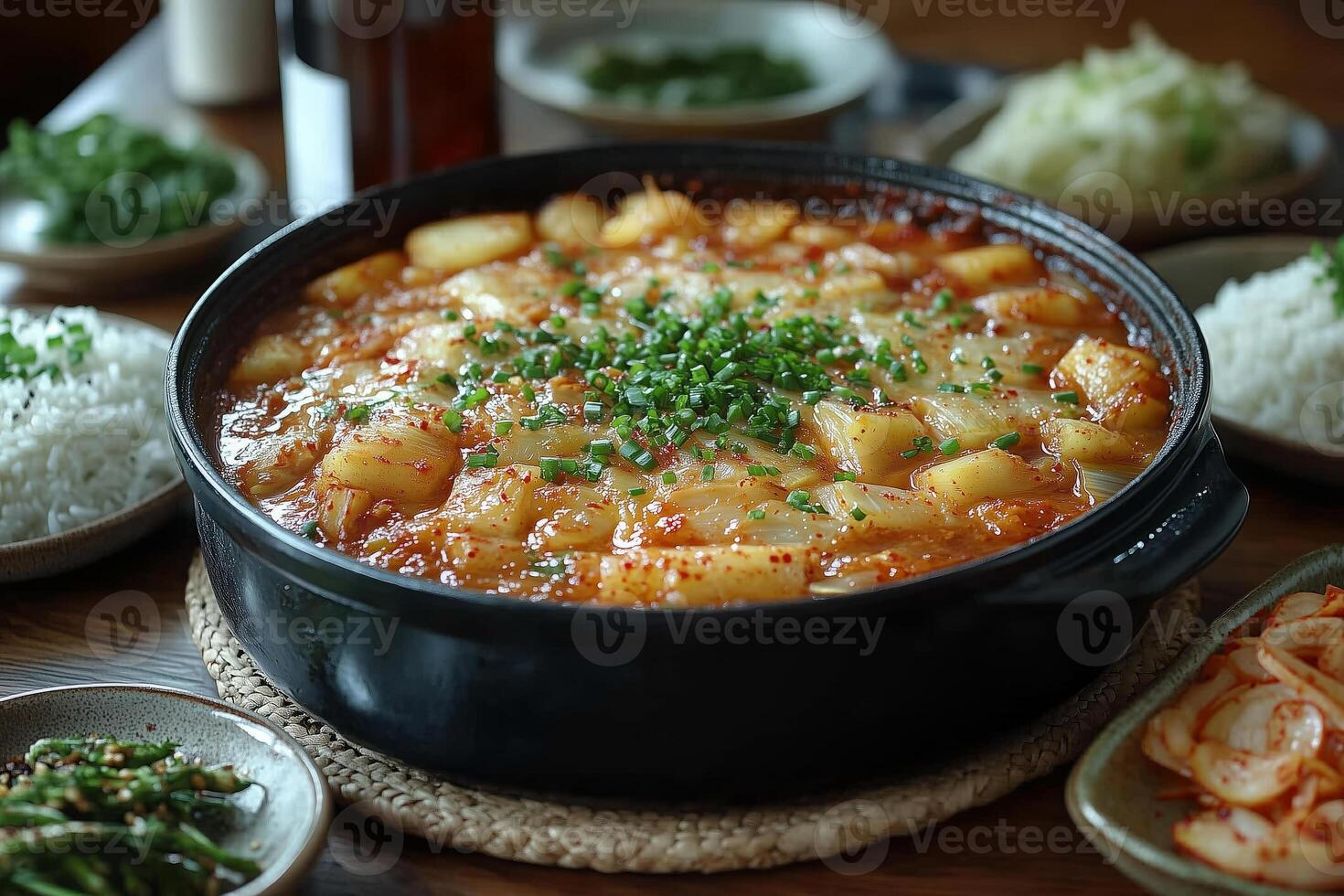 a traditional Korean meal with a central pot of bubbling kimchi jjigae, surrounded by small plates of banchan, rice, and a bottle of soju photo