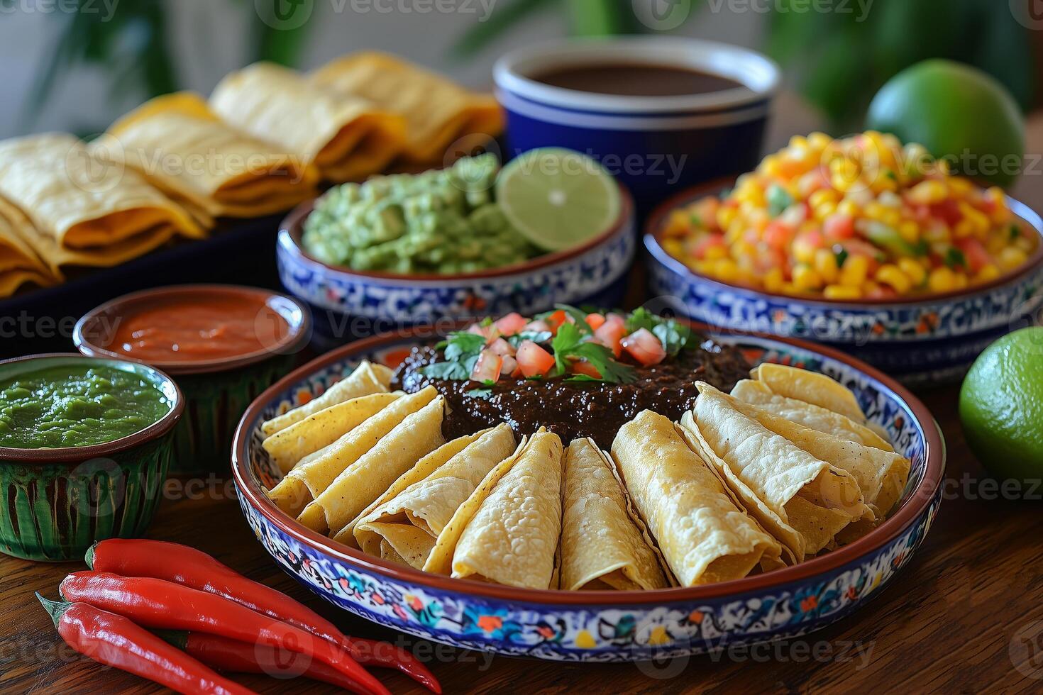 a traditional Mexican meal, with tacos, tamales, guacamole, and mole sauce, arranged on vibrant ceramic plates, surrounded by limes and chili peppers photo