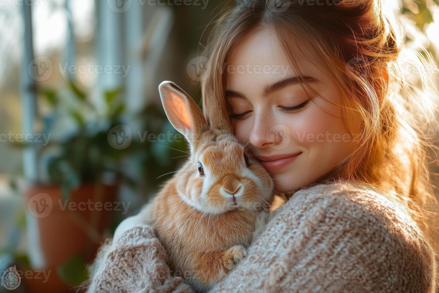 A girl sits on the porch, gently holding her rabbit, enjoying the peaceful moment photo