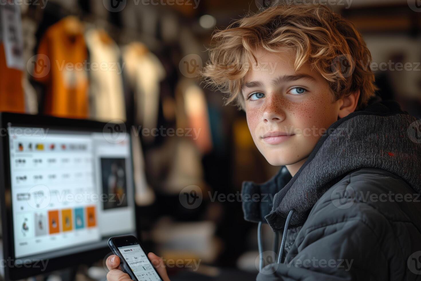 a teenage boy checking analytics on his smartphone while uploading a new design to his print-on-demand shop, with his computer screen showing product mockups photo