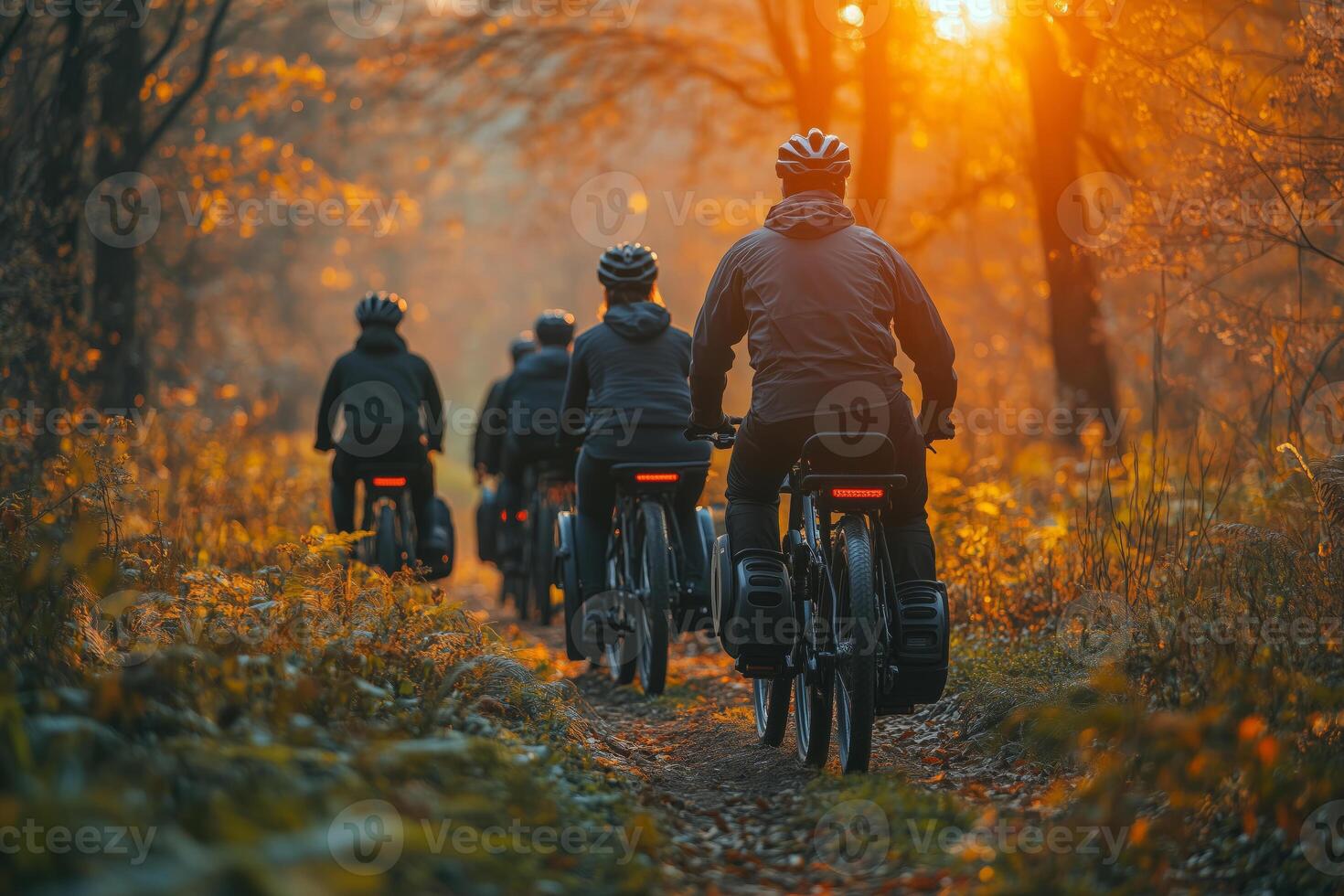 a mixed-ability cycling group on a scenic trail, adaptive bikes included, green nature setting photo