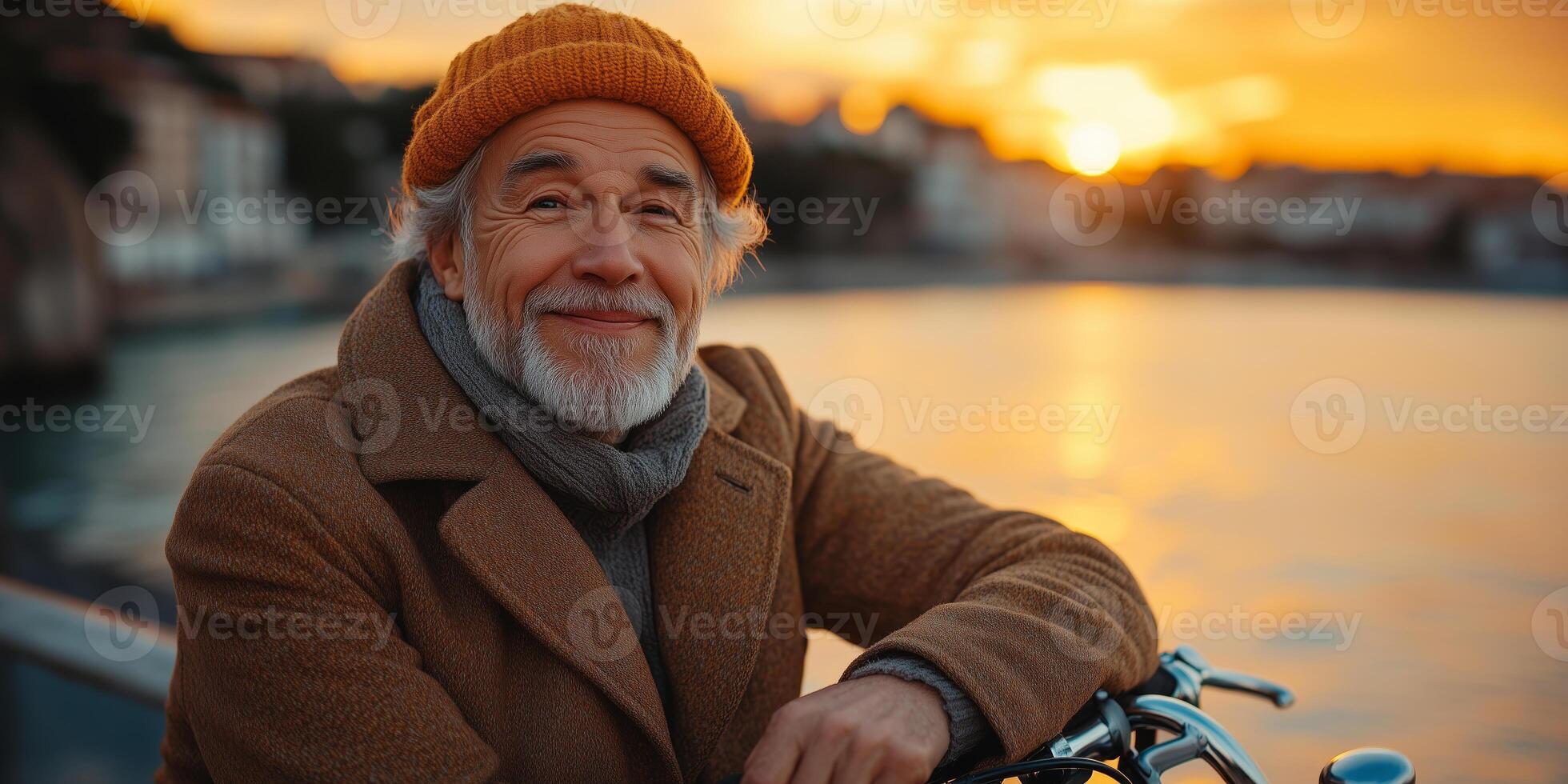 a senior man in a casual yet trendy outfit, leaning on a bicycle near a waterfront, scenic view with copy space on the right photo