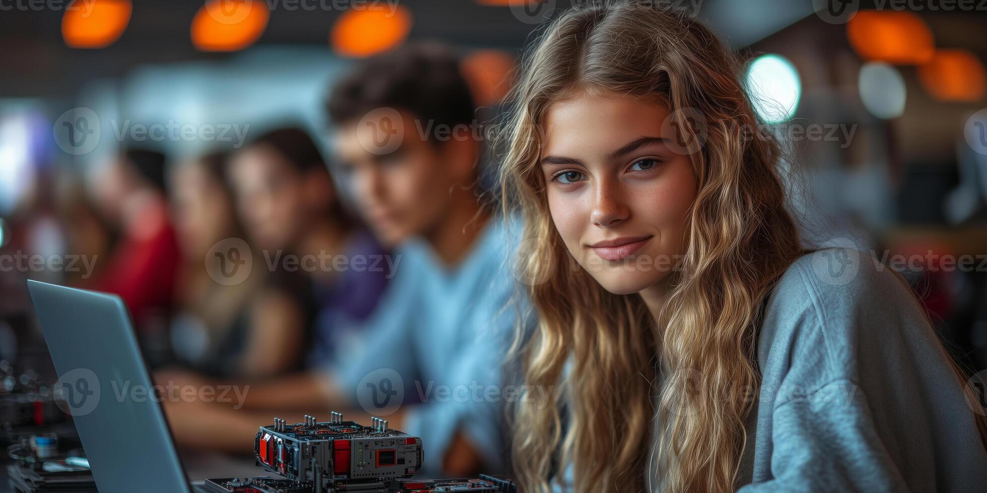a group of teens working on a robotics project, assembling parts and coding on a laptop, with focused expressions photo
