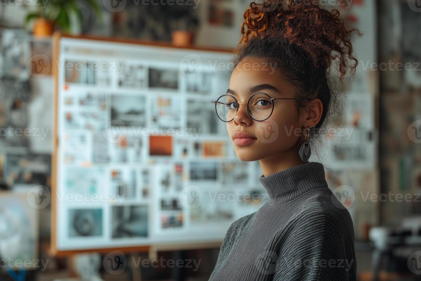 a teen presenting their design project to peers, standing confidently in front of a large screen displaying mockups and graphics photo