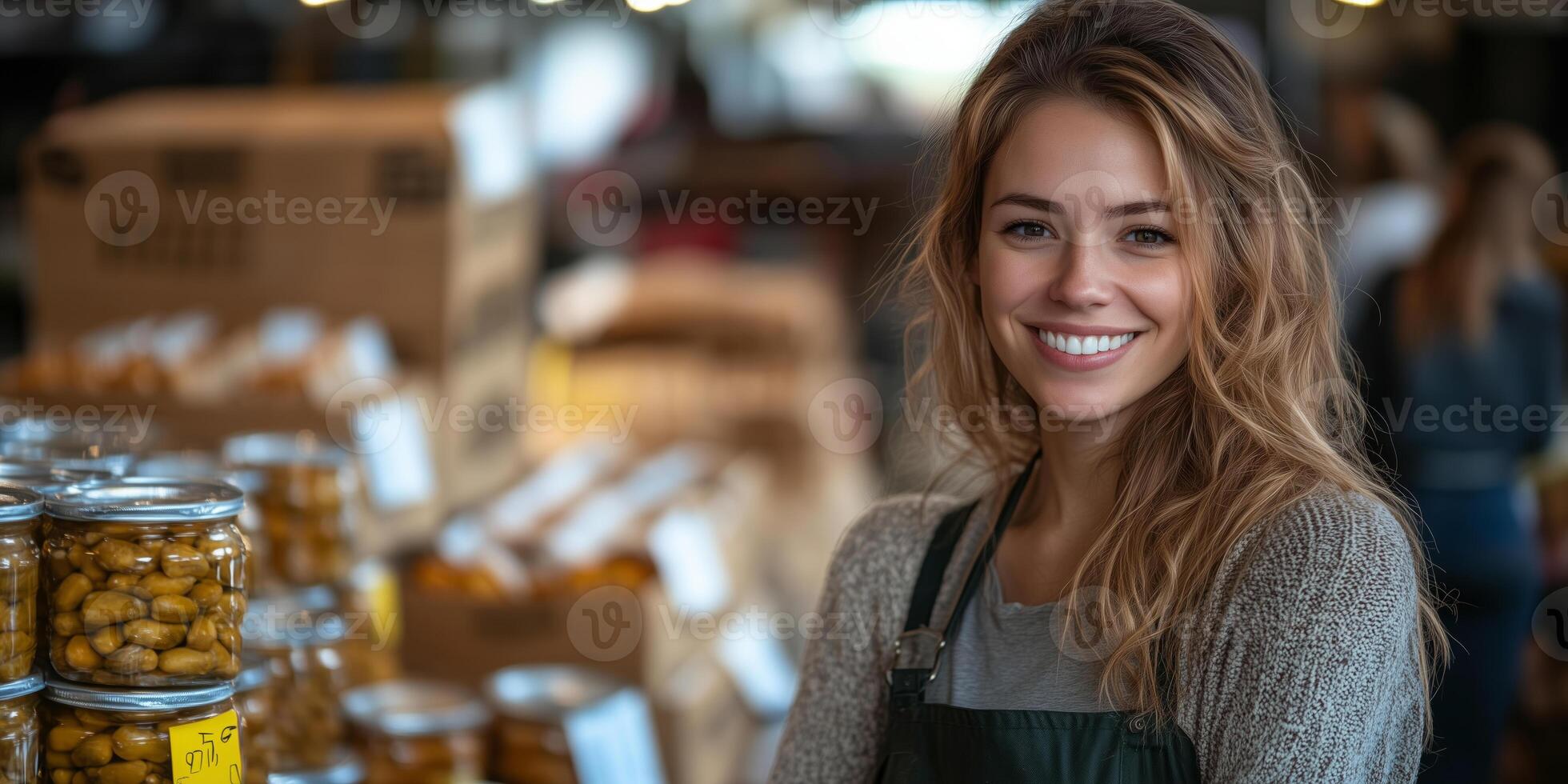 a female leader organizing a food drive, standing beside tables filled with donations photo