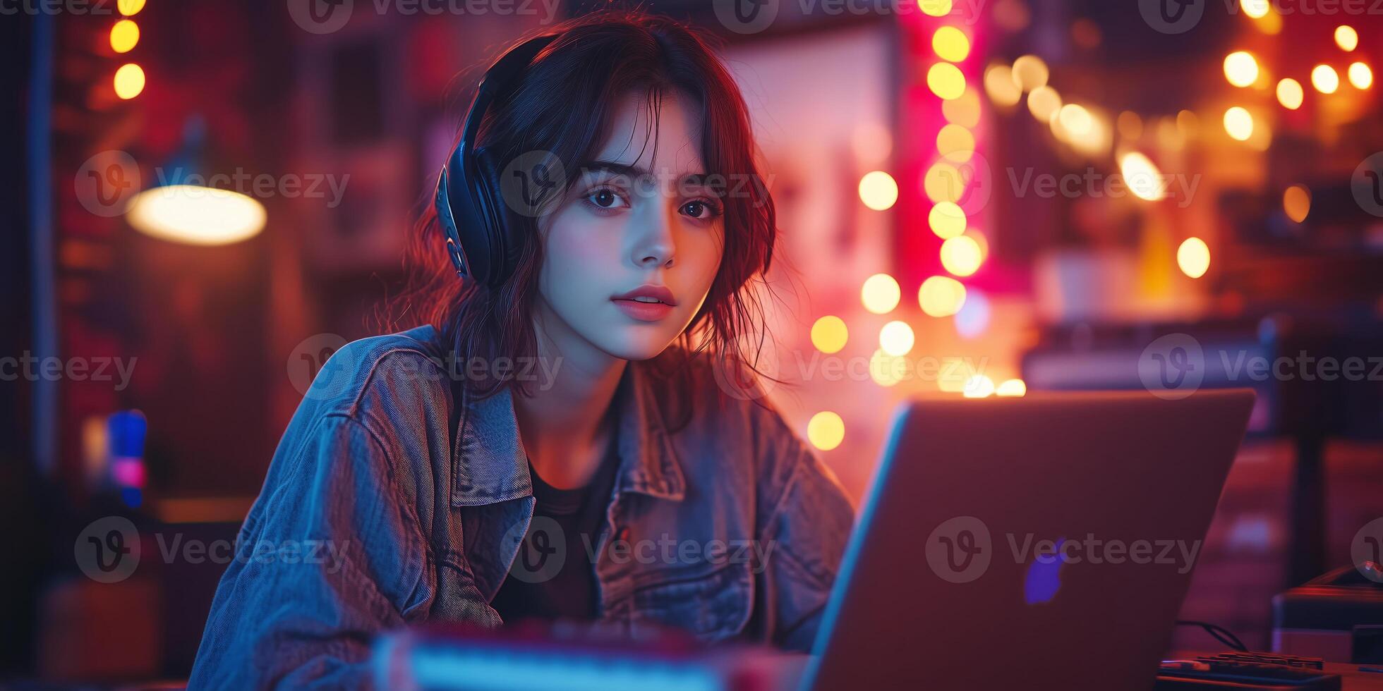 a teenage musician composing a song on a laptop, with a guitar and headphones nearby, glowing LED lights creating a vibrant atmosphere, and space on the right for text photo