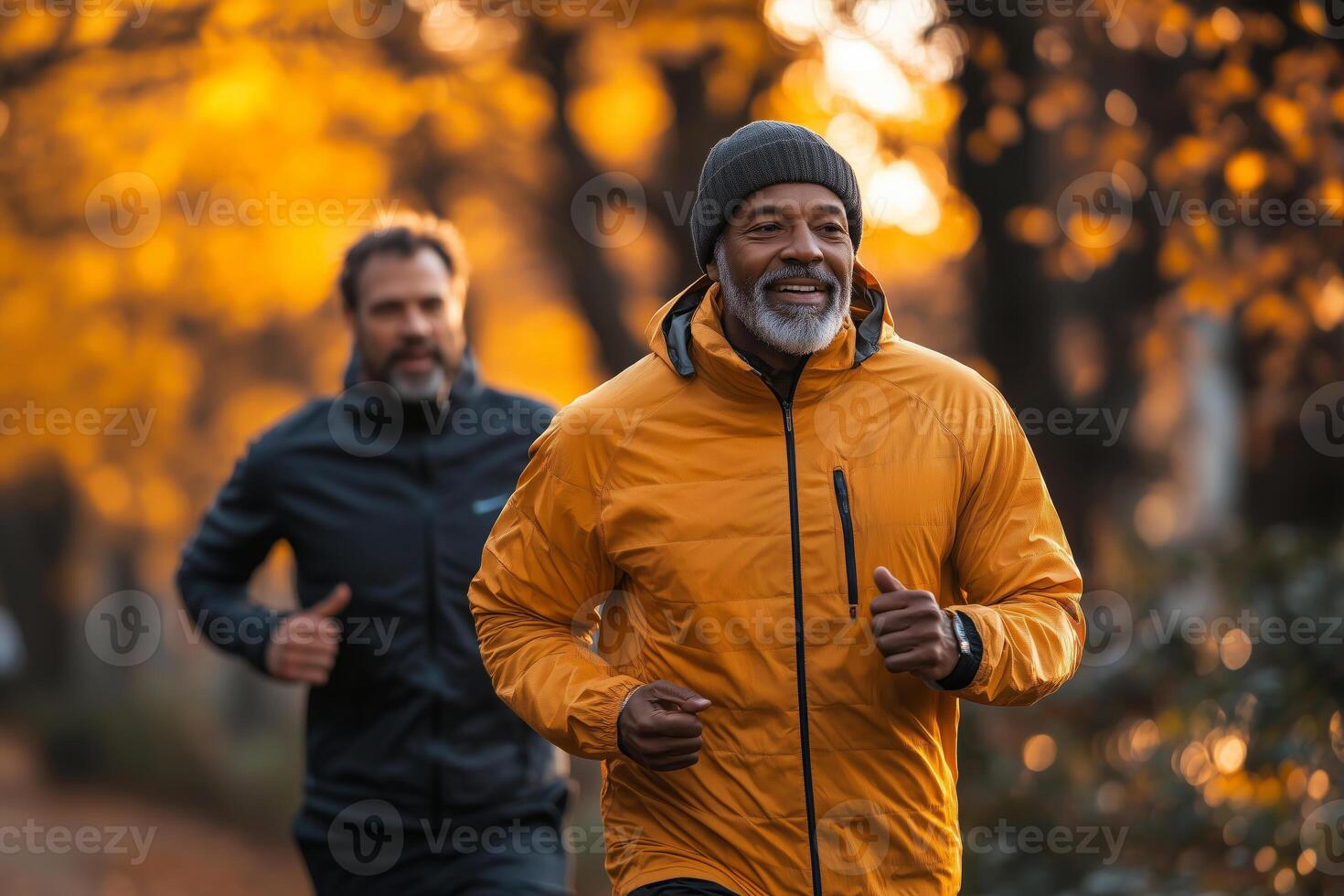 a visually impaired man jogging with a guide partner photo