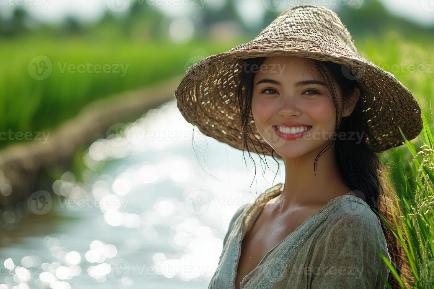 a woman managing an irrigation system in a rice field photo