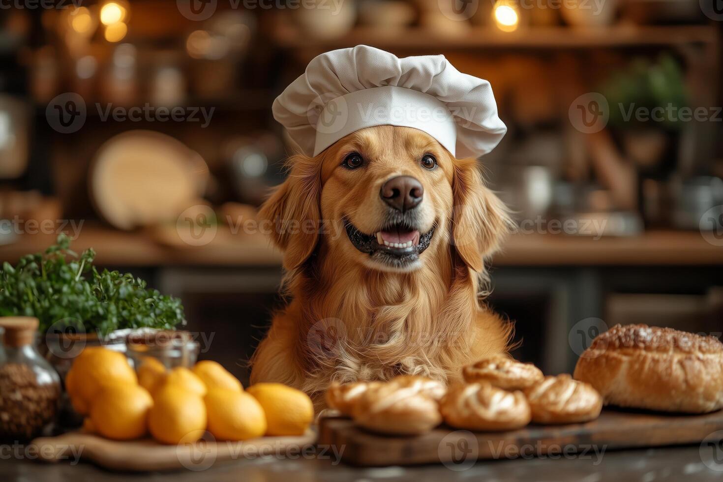 a dog wearing a chefs hat and sitting at a kitchen counter, surrounded by baking ingredients and looking up at the camera, cozy kitchen setting with warm lighting photo