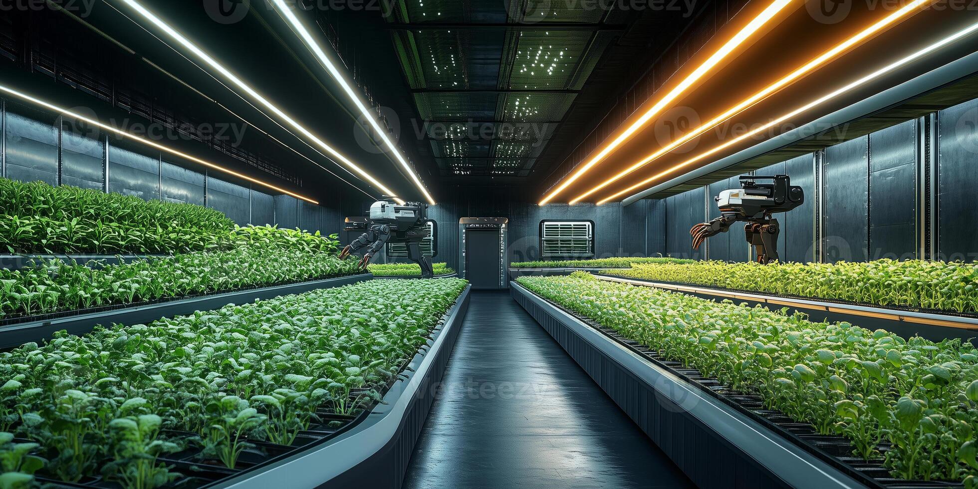 A vertical farm with hydroponic rows exemplifies the evolution of agriculture, utilizing minimal space for maximum yield photo