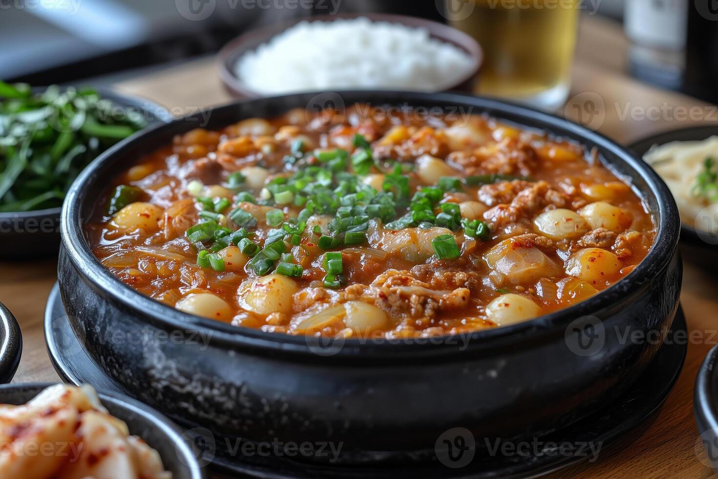 a traditional Korean meal with a central pot of bubbling kimchi jjigae photo
