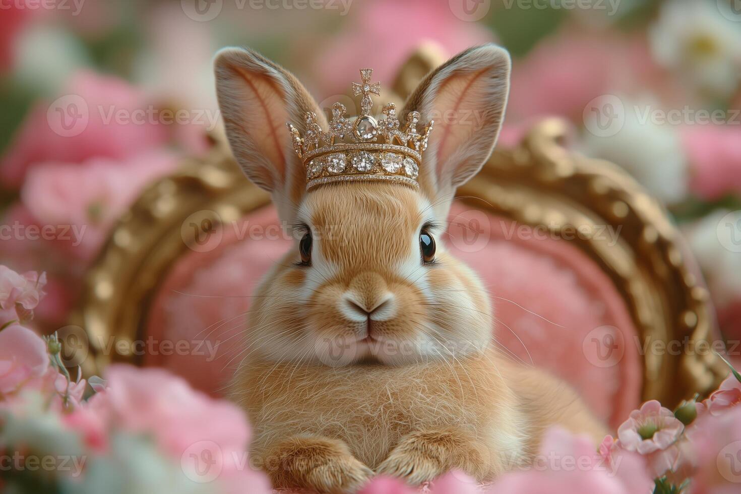 A rabbit sits on a miniature throne, wearing a tiny crown, radiating royal charm and cuteness photo