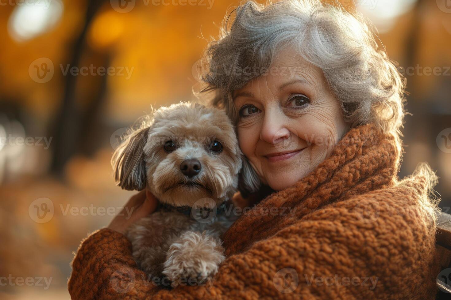 A senior woman embraces her dog in the park during a cozy autumn day photo