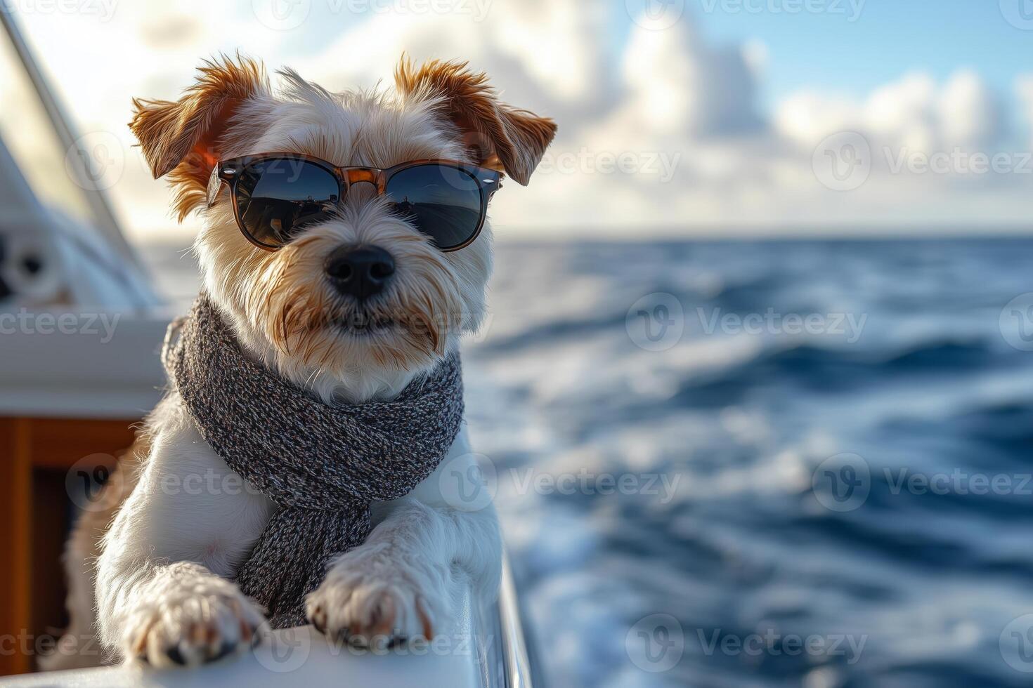 The cute dog relaxes on the yacht deck, gazing at the calm sea with sunglasses and a scarf photo