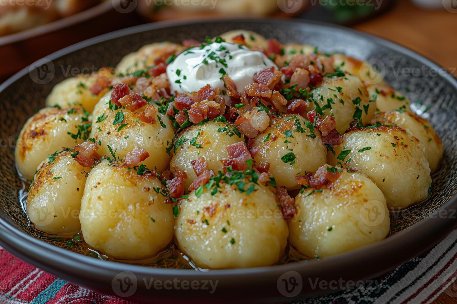 Lithuanian cepelinai - potato dumplings - served on a plate, topped with crispy bacon bits and sour cream photo