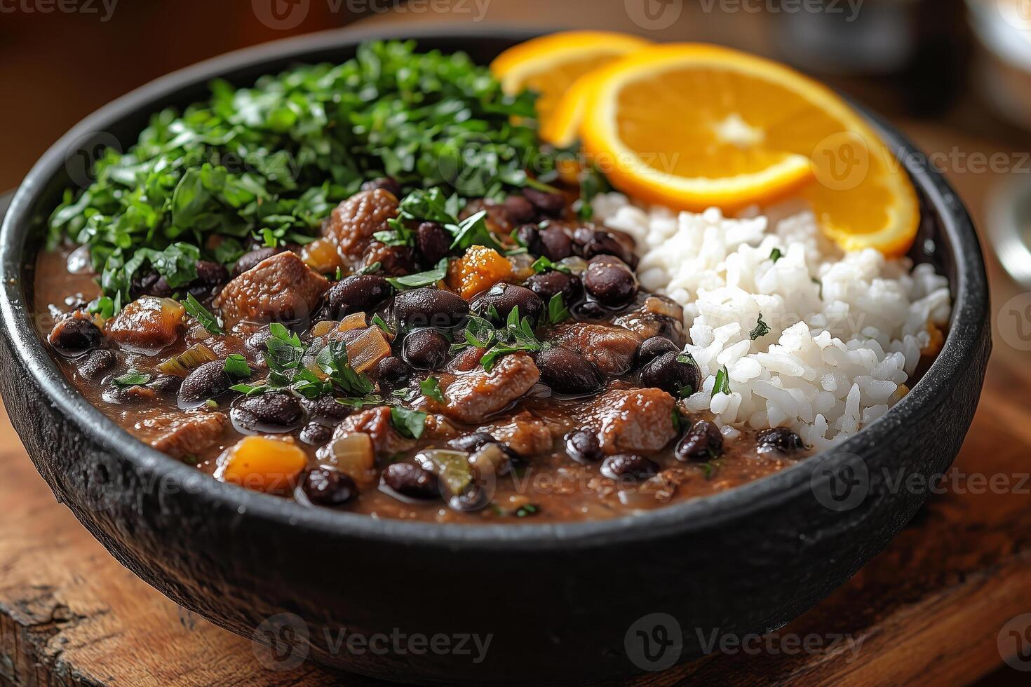Brazilian feijoada, a hearty black bean stew with pork, served with white rice, collard greens, and orange slices, placed on a rustic wooden table with bright natural lighting photo