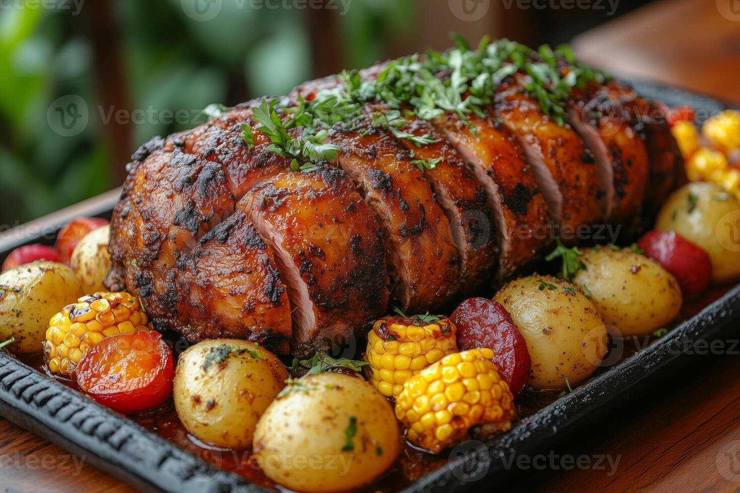 Peruvian cuy, roasted guinea pig, presented on a platter with potatoes, corn, and vibrant sauces, garnished with herbs, surrounded by traditional Peruvian decorations, under bright natural light photo