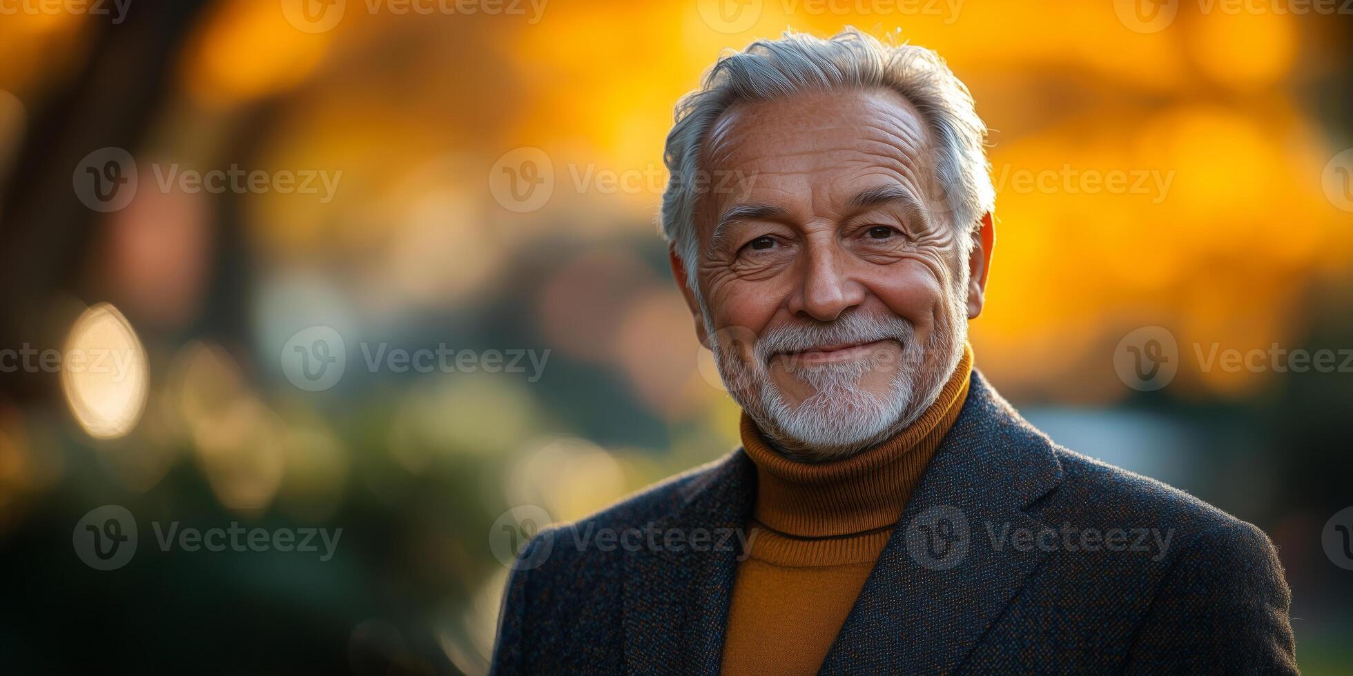 A senior gentleman in a tailored blazer and turtleneck enjoys an outdoor stroll in a lush park photo