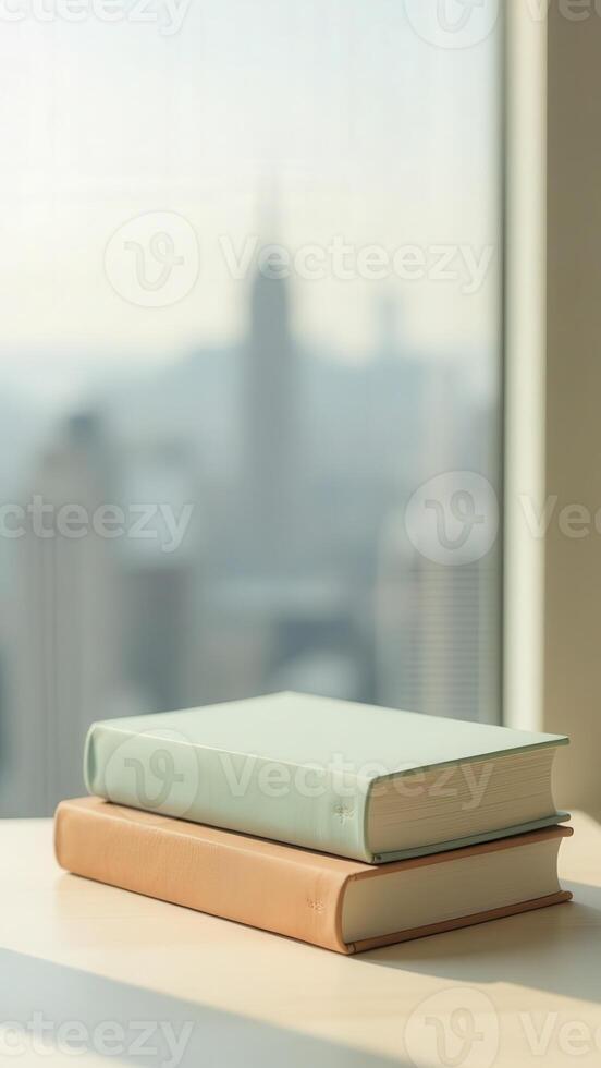 Pastel colored books resting on a window sill overlooking a city skyline photo