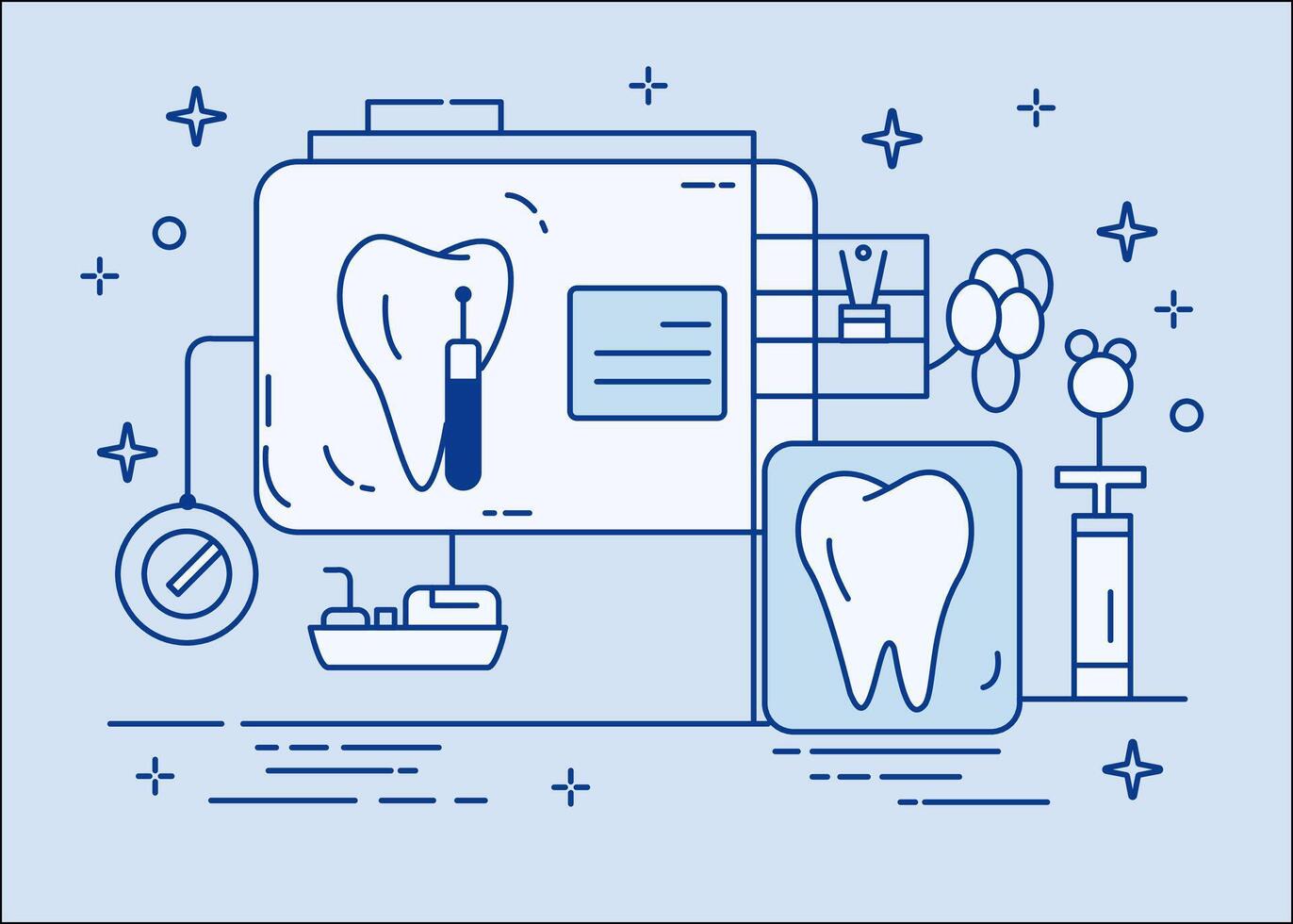 Modern blue dental illustration showcases exam and treatment machine with tooth Perfect for clinic websites and educational materials. vector