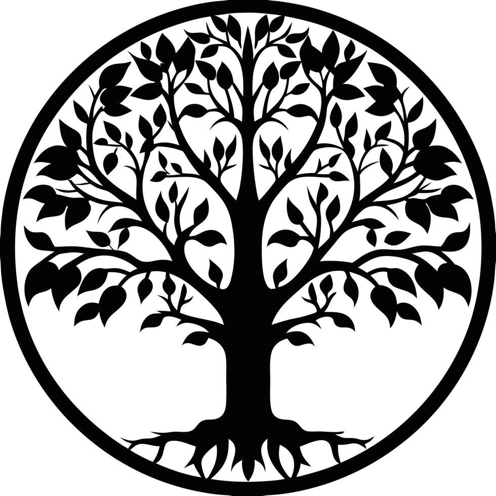 Spiritual Tree of Life Black and White Silhouette with Circular Design vector
